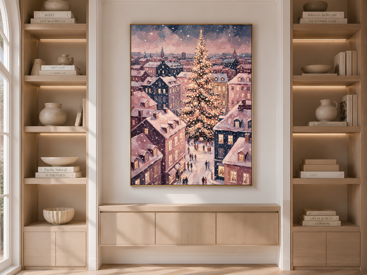 European Christmas Village Wall Art, Snowy Town Square Print - Digital Download