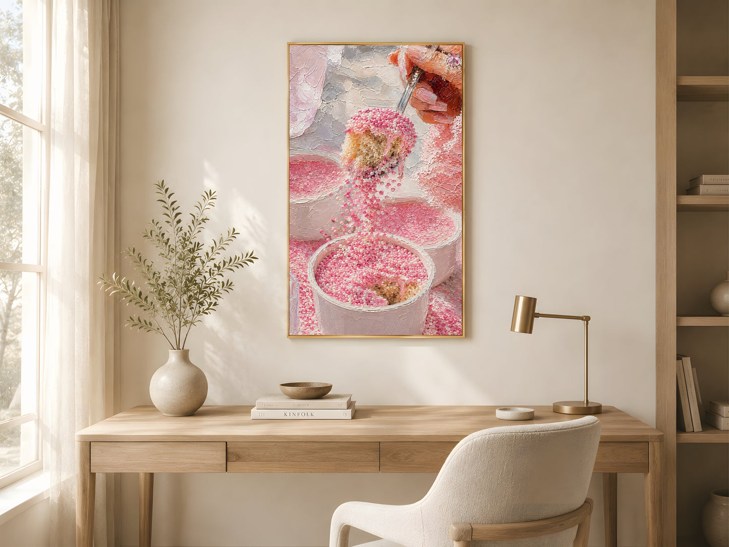 Pink dot cake impasto oil painting print in a gold frame above a light oak desk in a bright minimal home office with white chair and warm natural light
