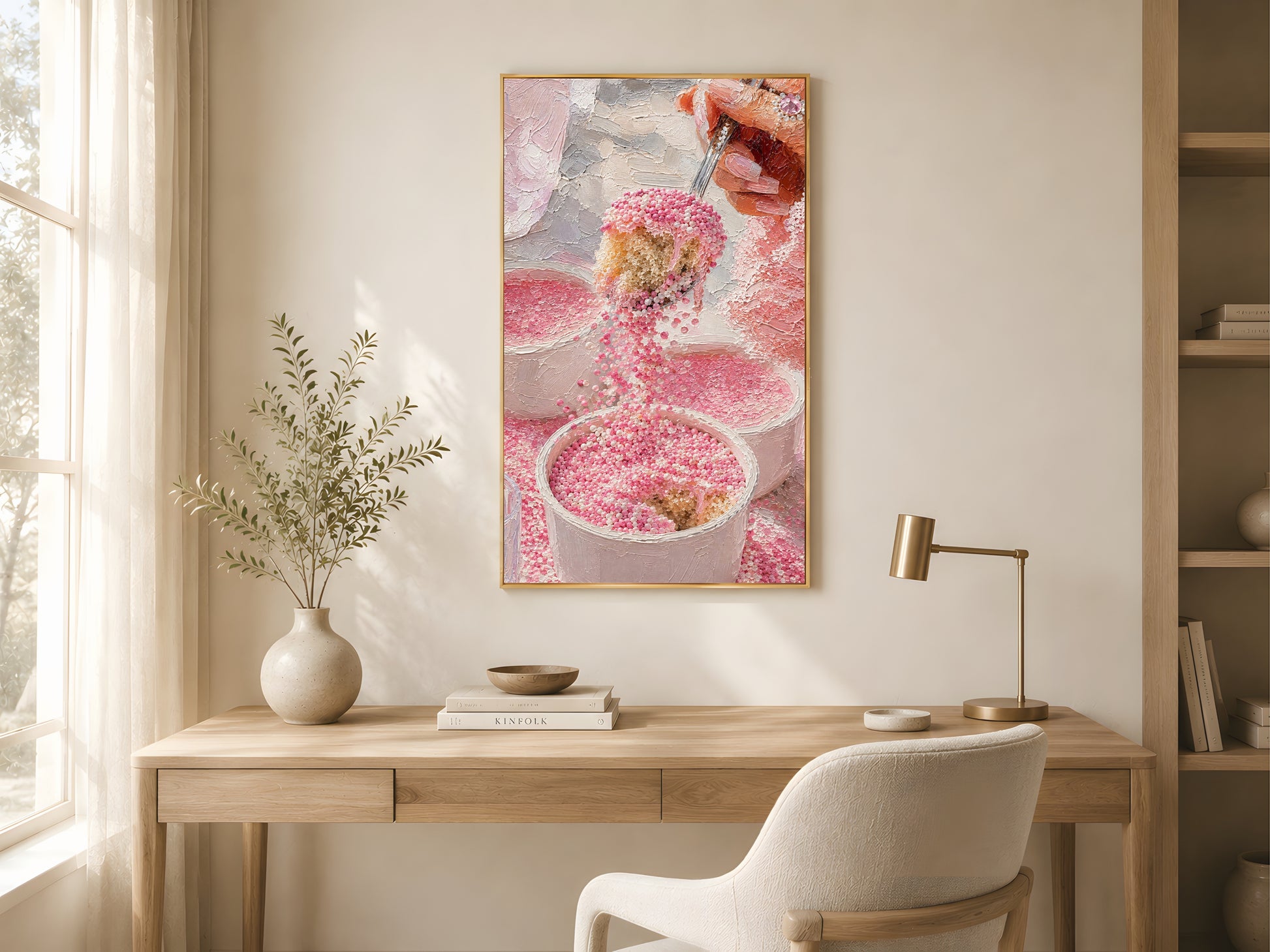 Pink dot cake impasto oil painting print in a gold frame above a light oak desk in a bright minimal home office with white chair and warm natural light
