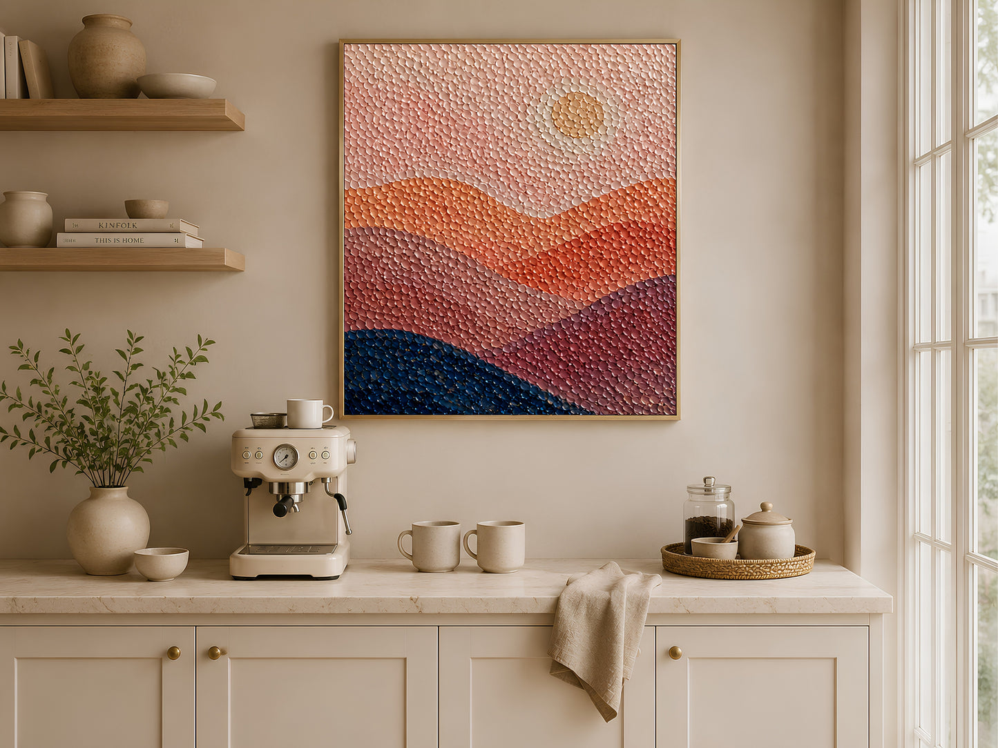 Abstract sunset pointillist print on a shelf in a neutral kitchen and living space with cream cabinetry and warm accessories
