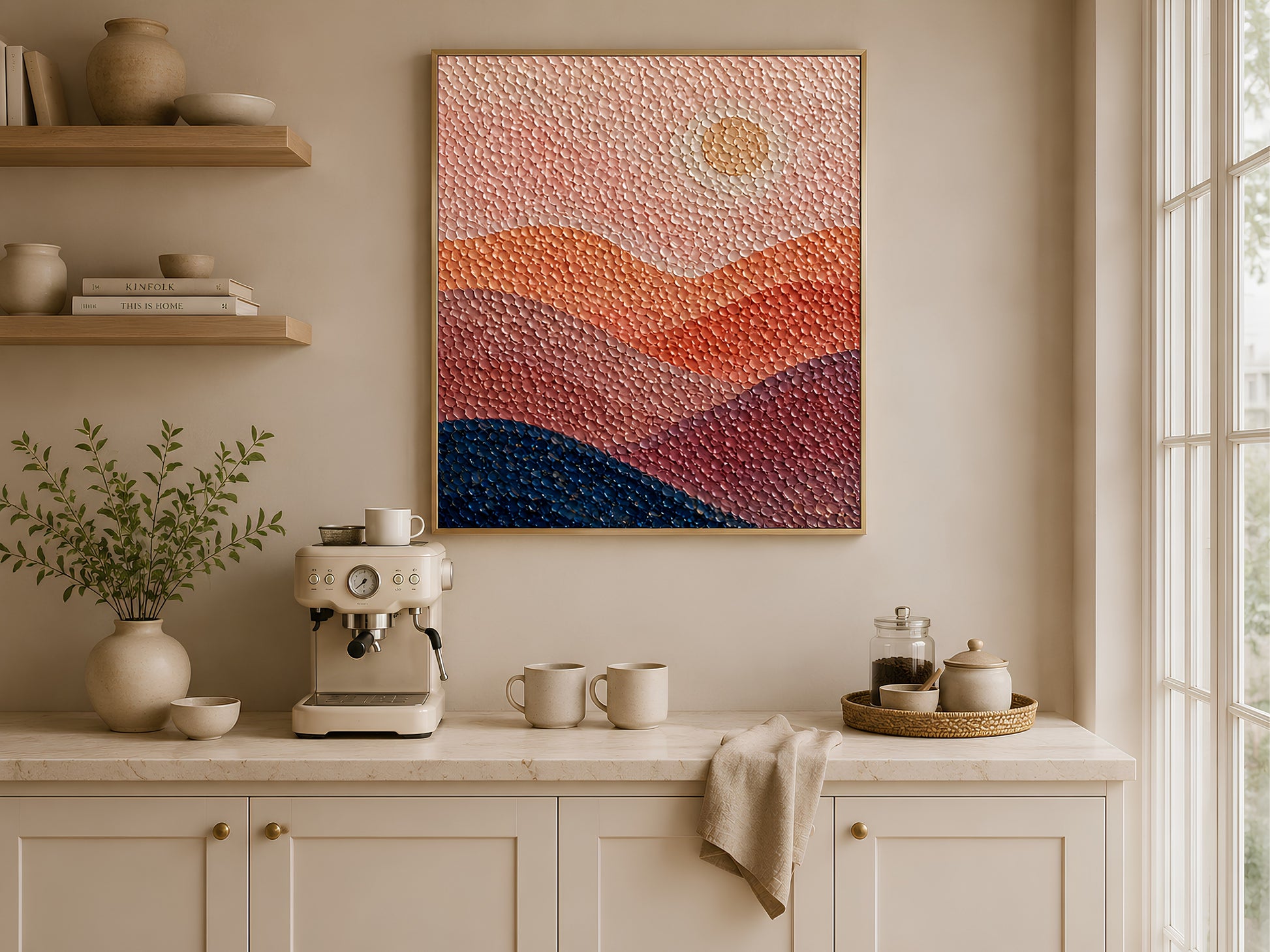 Abstract sunset pointillist print on a shelf in a neutral kitchen and living space with cream cabinetry and warm accessories
