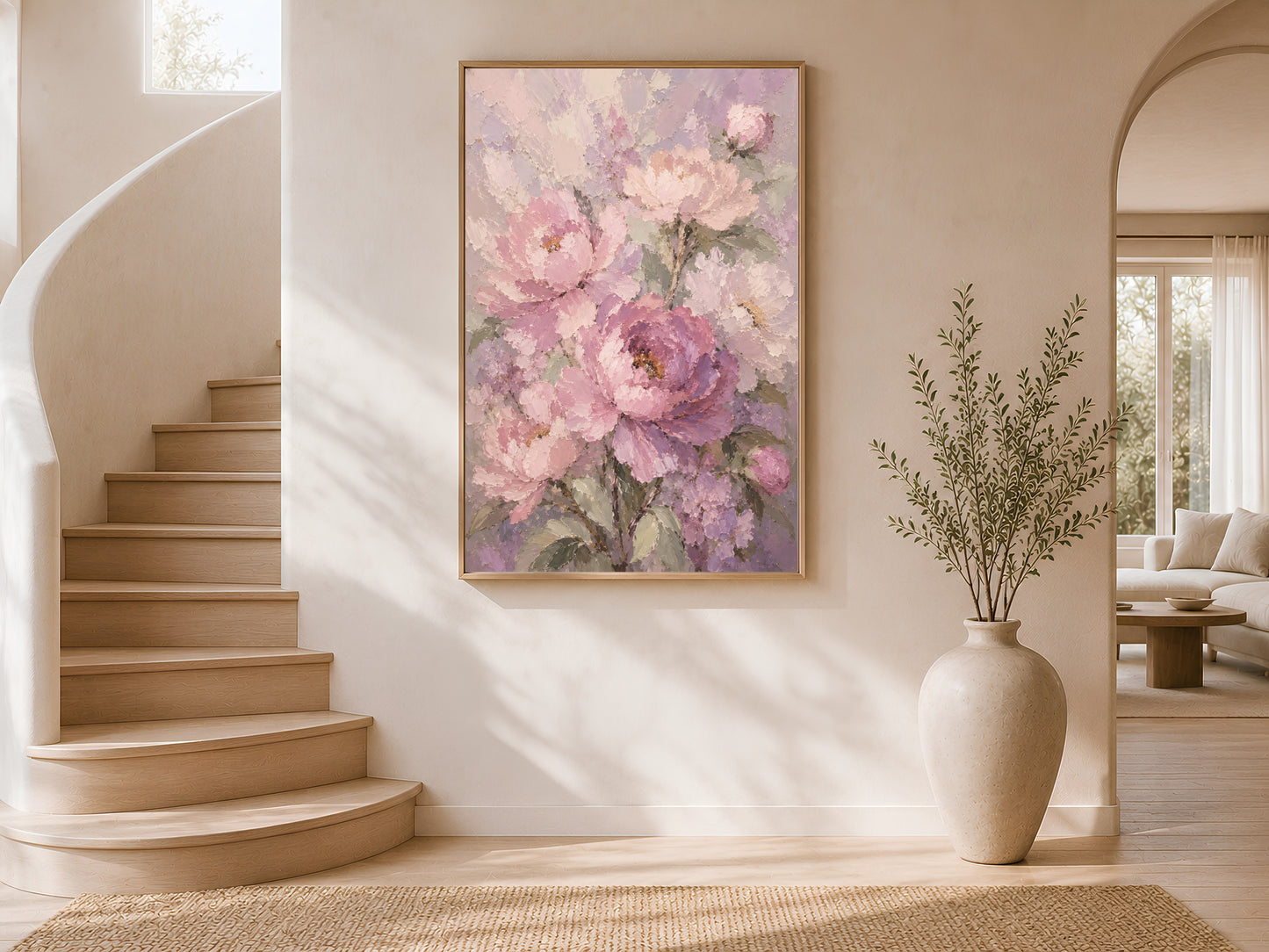 Blush peony impasto print in a thin wood frame displayed in a bright airy stairwell interior with white curved walls, warm natural light, and large ceramic vases
