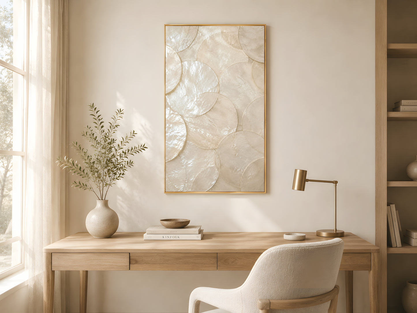 Large capiz shell ivory print in gold frame above wooden desk in warm minimalist home office with cream armchair and soft natural light

