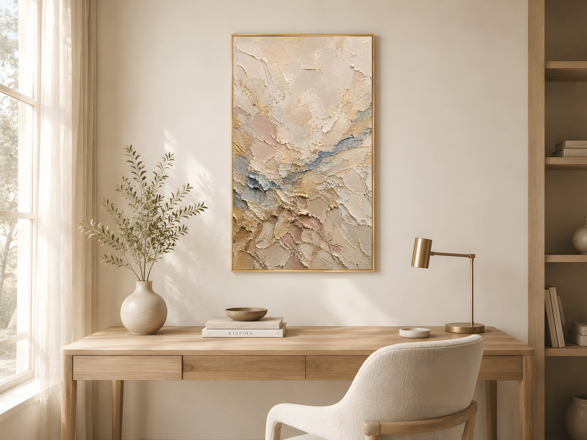 Neutral abstract impasto print in a gold frame above a light oak desk in a warm minimal home office with white chair and soft natural light

