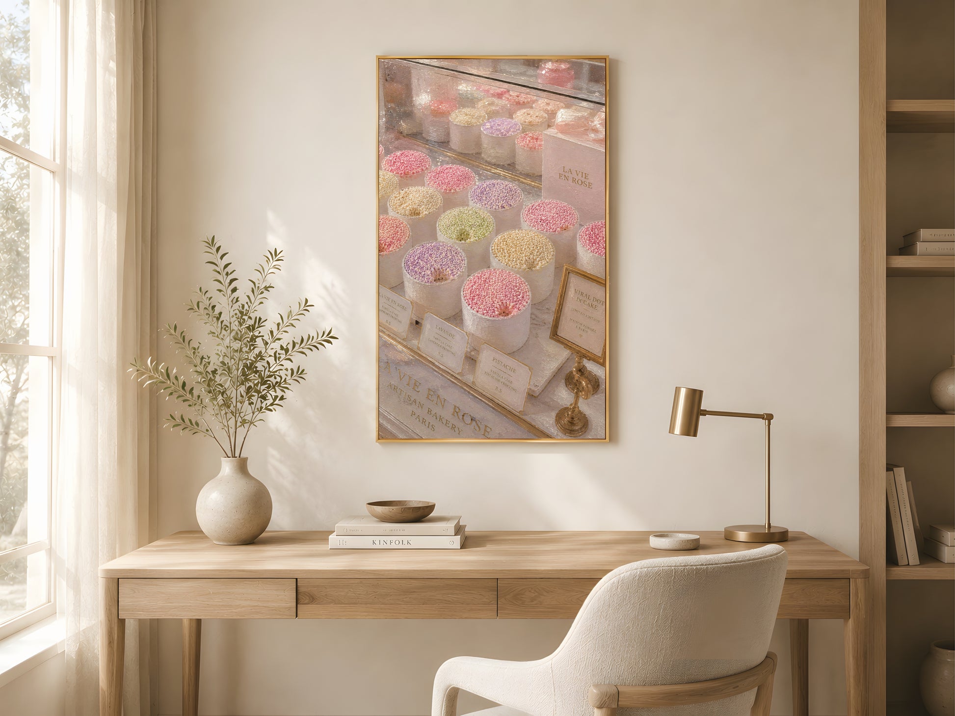 Paris bakery dot cake wall art print in a gold frame above a light oak desk in a bright minimal home office with white chair and warm natural light
