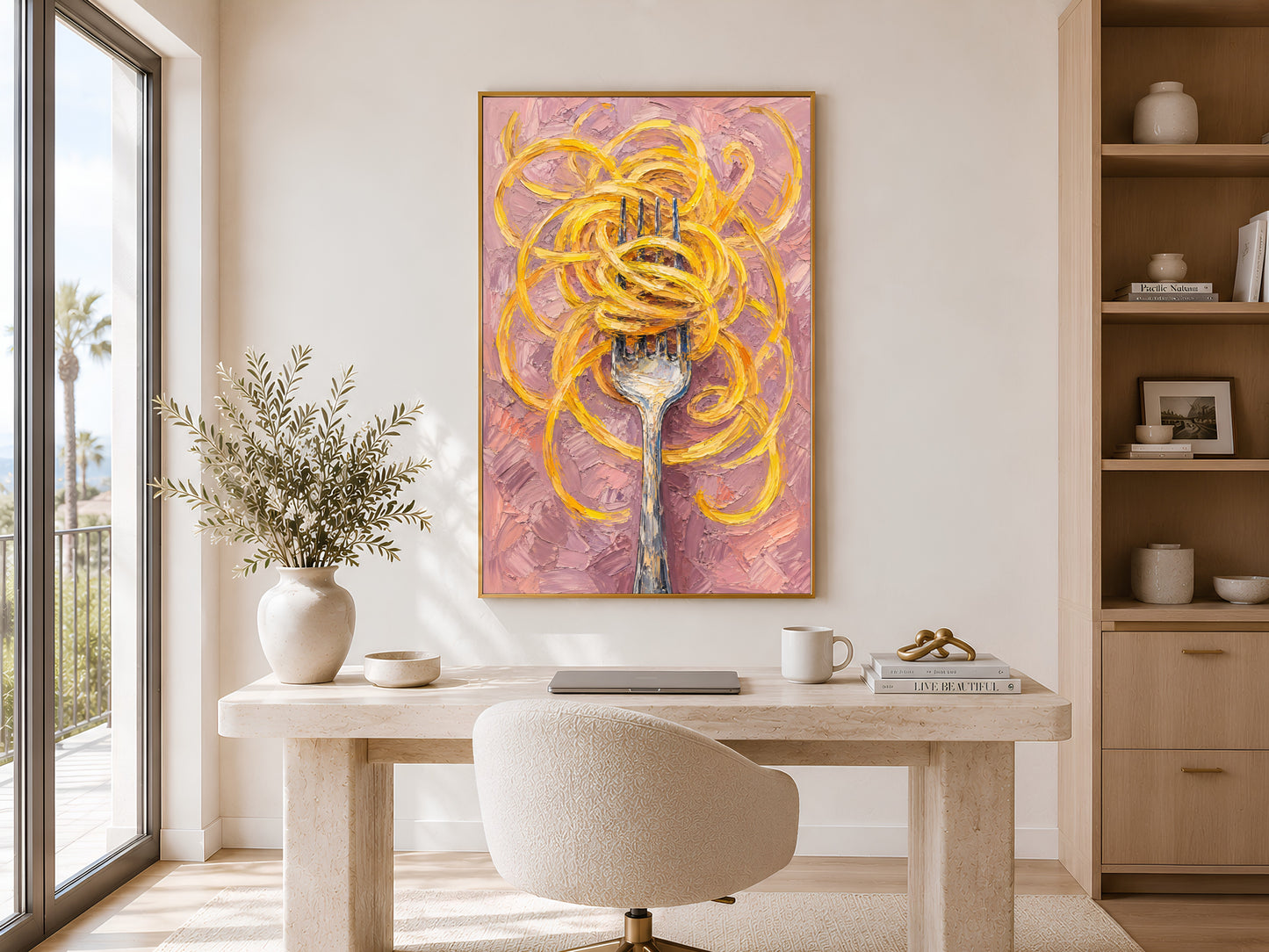 Spaghetti fork impasto print in a wood frame displayed in a bright minimalist home office with warm wood furniture and floor-to-ceiling windows

