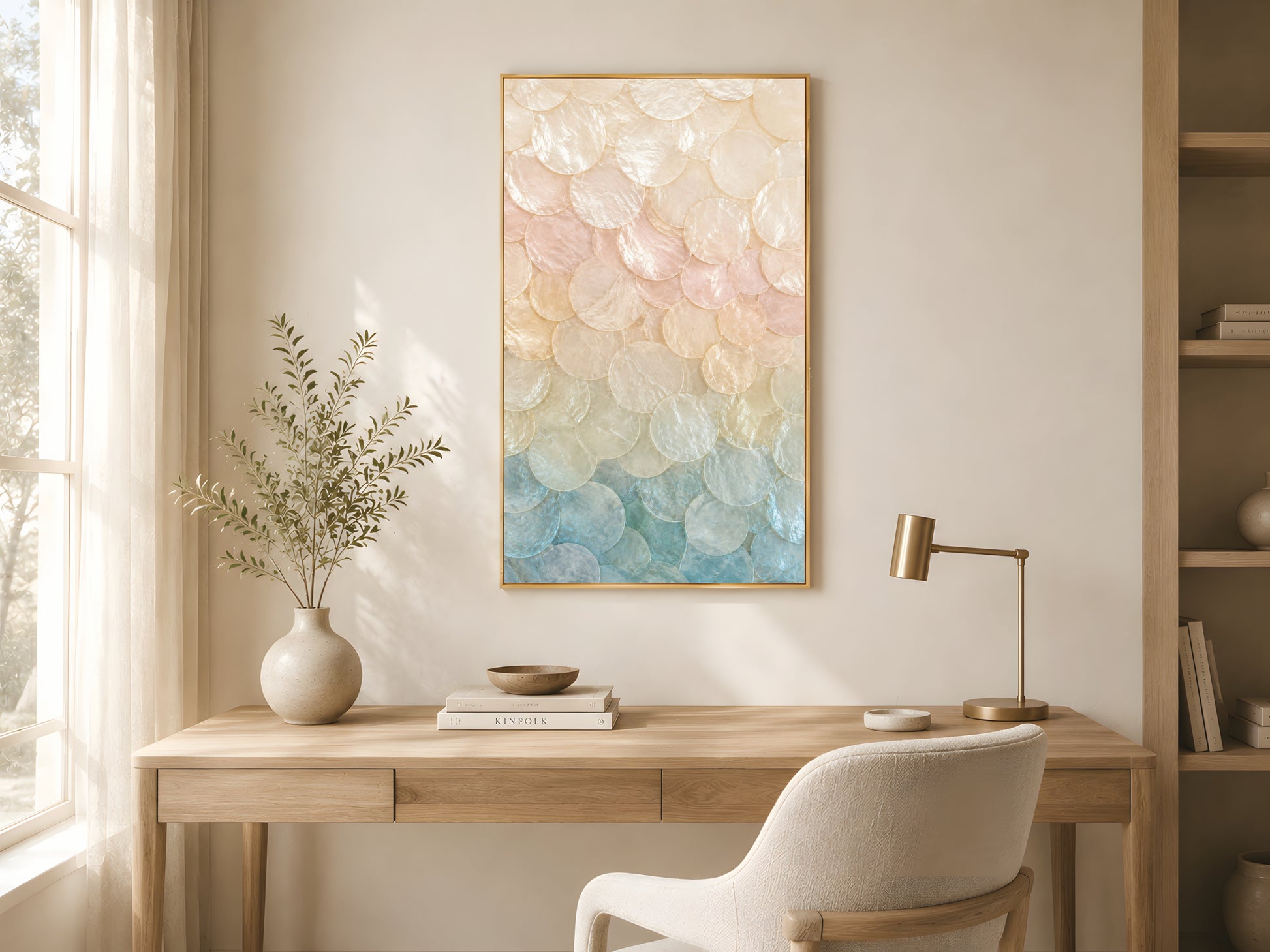 Pastel ombré capiz shell wall art in gold frame on warm white wall in bright coastal home office with cream armchair and dried botanicals
