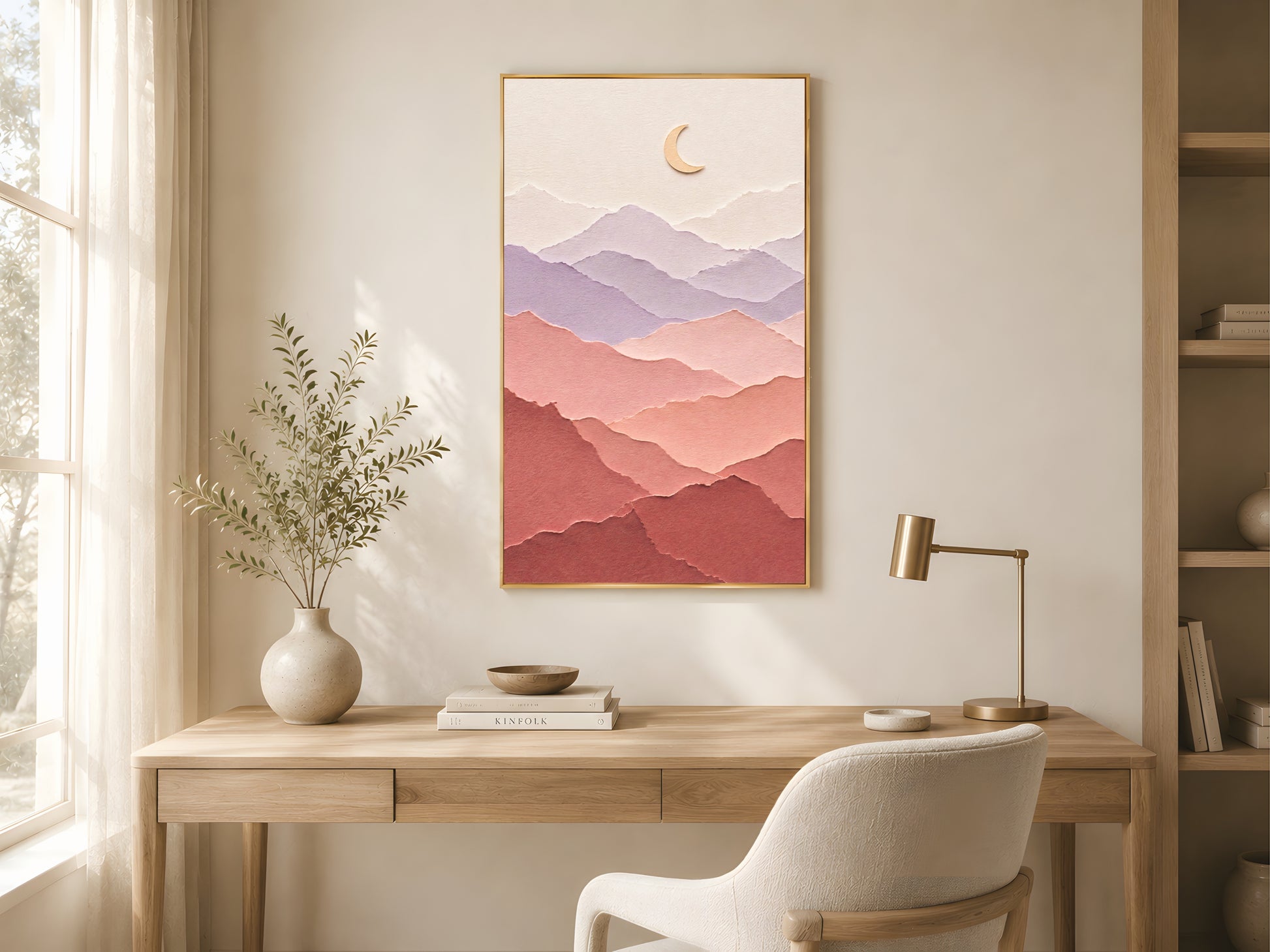 Pastel layered paper art mountain print in a gold frame above a light oak desk in a bright minimal home office with white chair and soft window light

