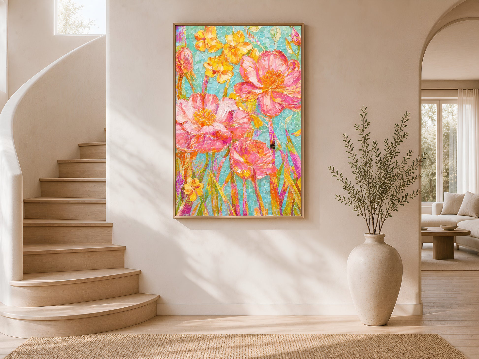 Vibrant mosaic floral art print in a thin wood frame displayed in a bright airy stairwell interior with white curved walls, warm natural light, and large ceramic vases
