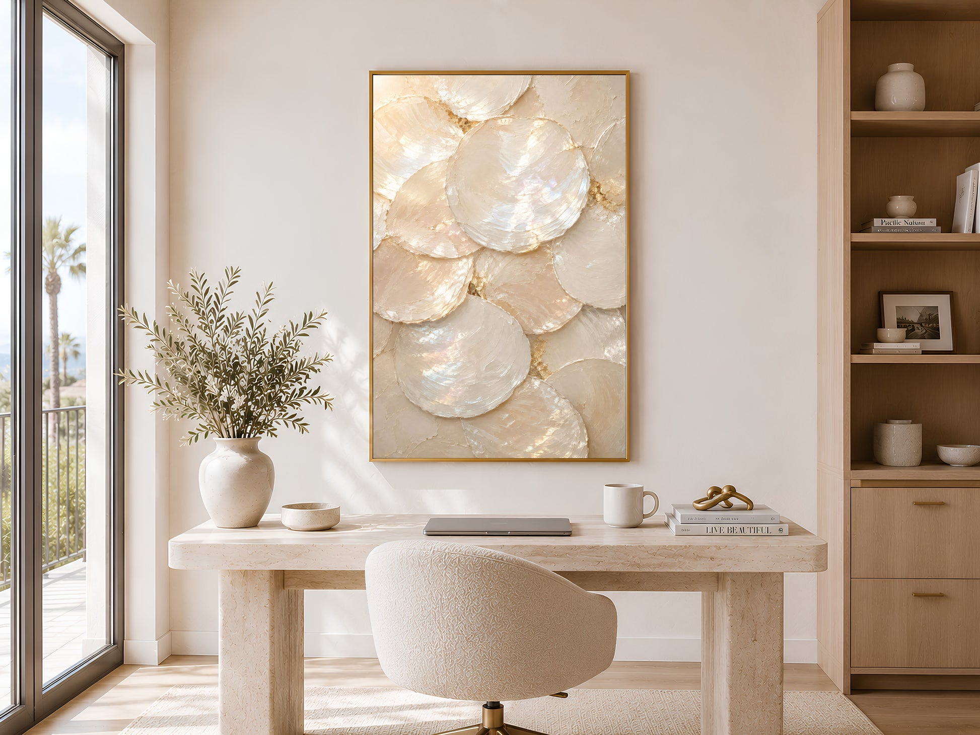 Mother of pearl shell print framed in gold displayed above desk in bright home office
