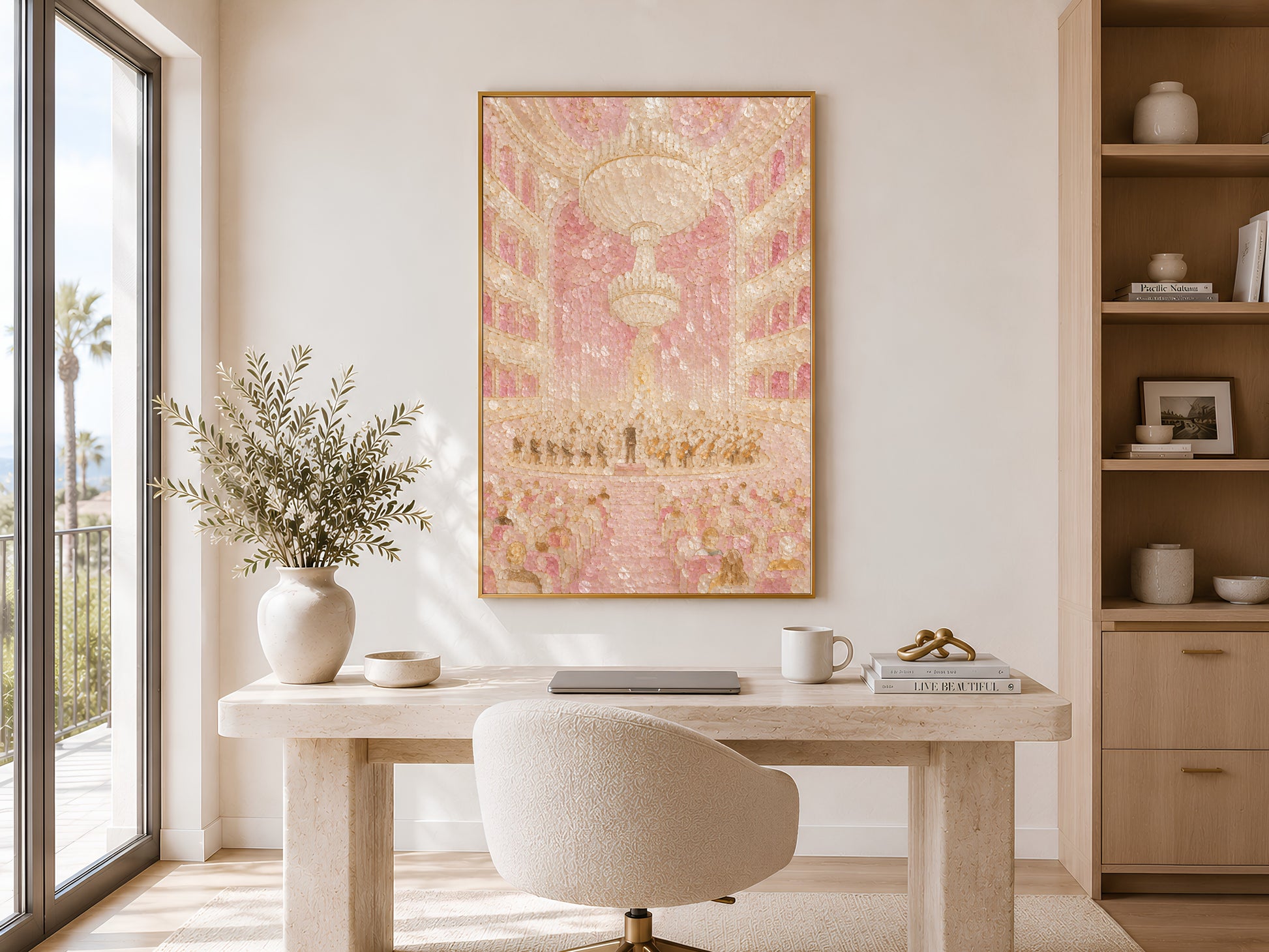 Opera house print framed in gold displayed above desk in bright home office
