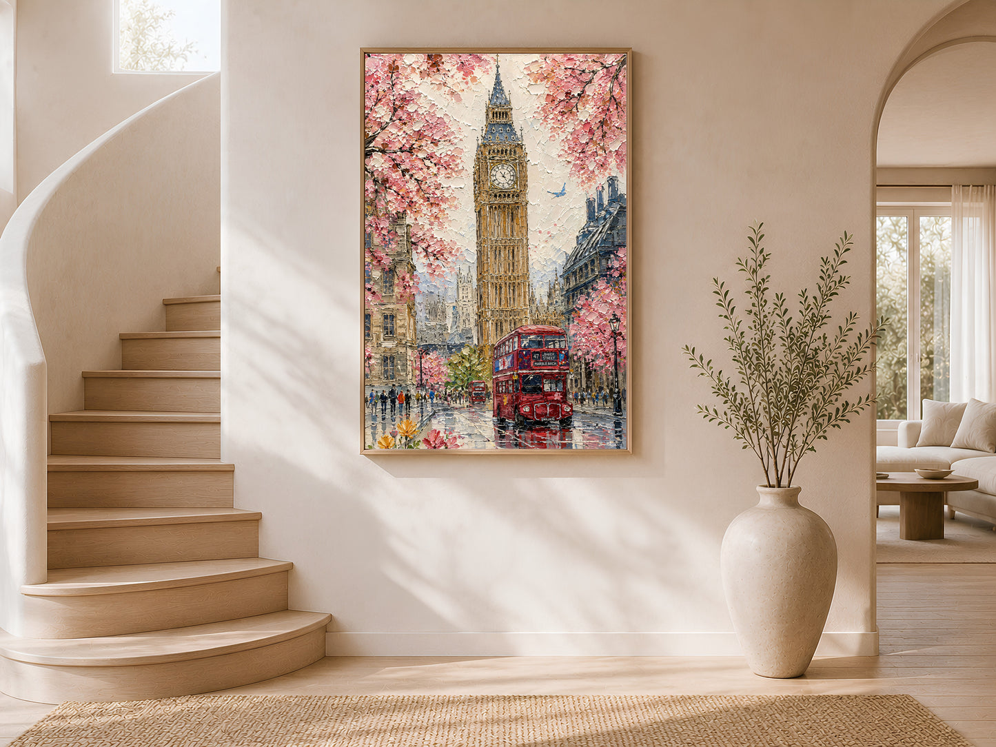 London Big Ben cherry blossom wall art in a wood frame displayed in a bright airy stairwell interior with white curved walls, warm natural light, and large ceramic vases
