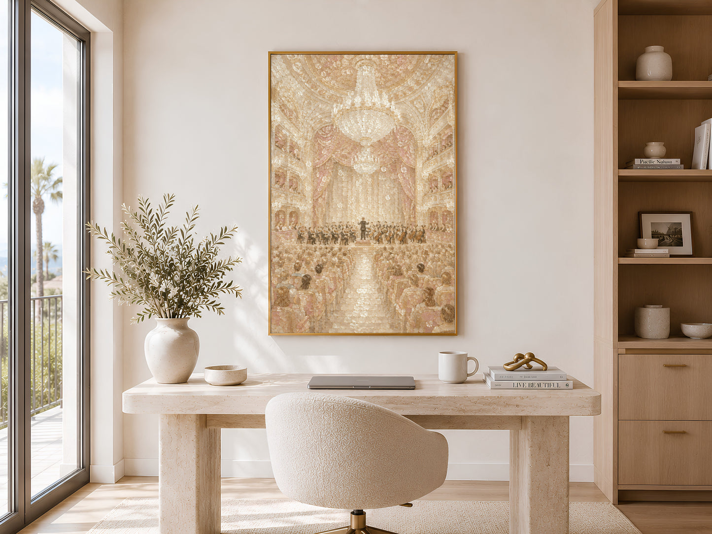 Orchestra wall art print framed in gold above desk in bright home office with shelving
