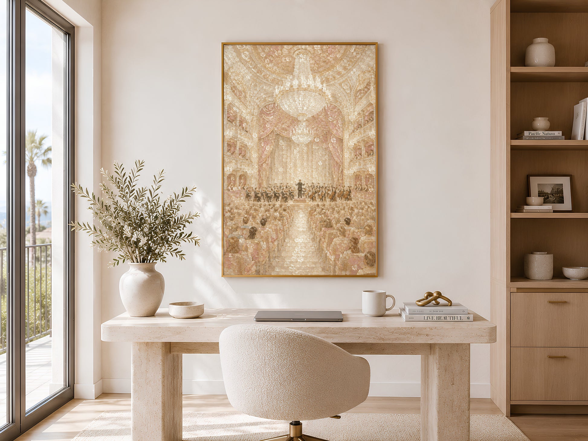Orchestra wall art print framed in gold above desk in bright home office with shelving
