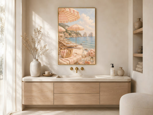 Pink coastal Italy wall art above modern beige sideboard, Capri beach umbrella printable art, feminine luxury bedroom decor, digital download wall print