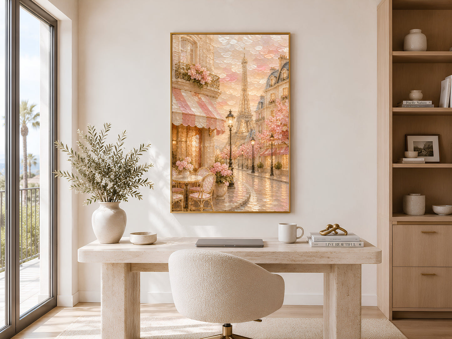 Paris cafe print framed in gold above desk in bright home office with shelving
