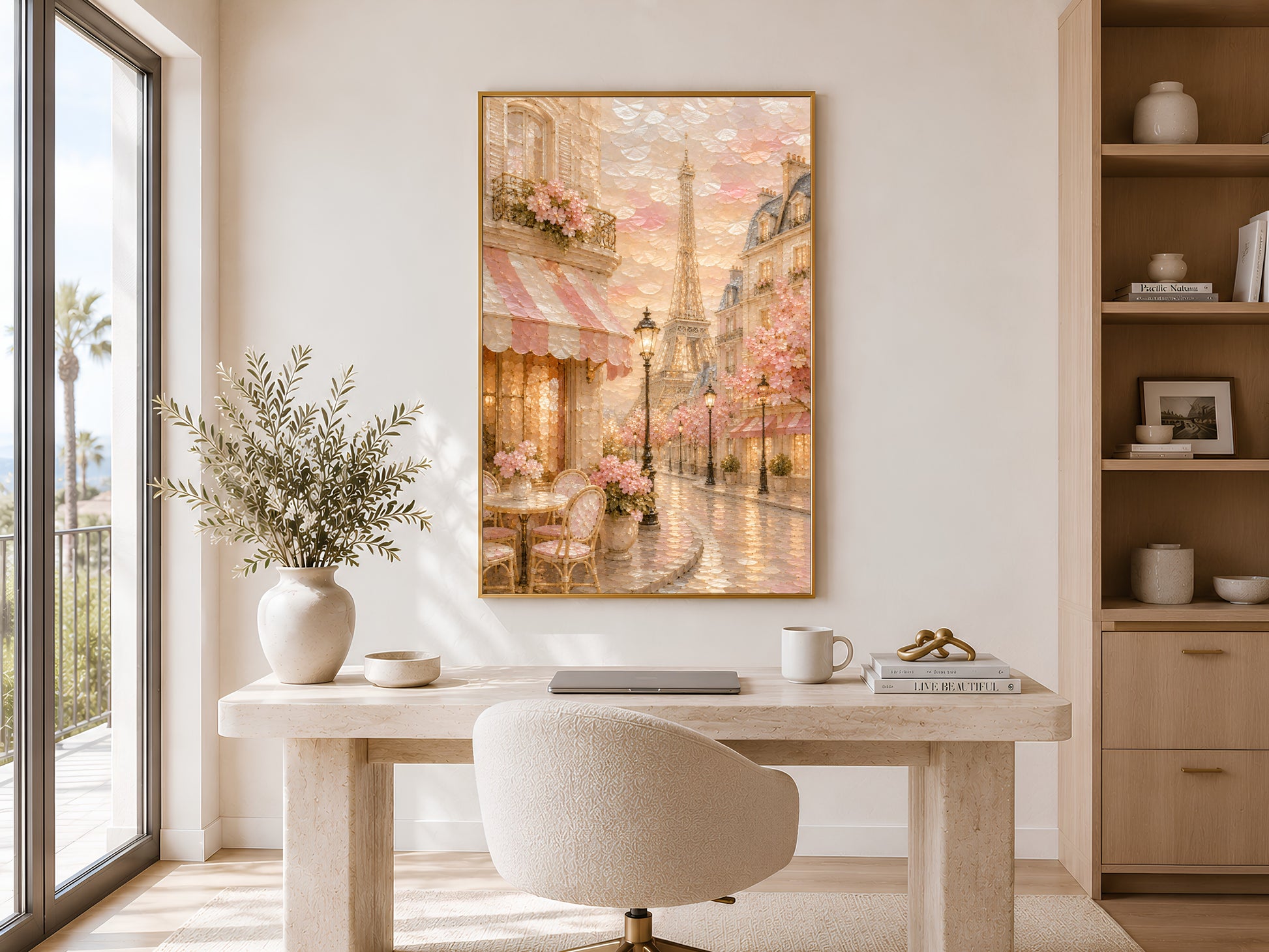 Paris cafe print framed in gold above desk in bright home office with shelving
