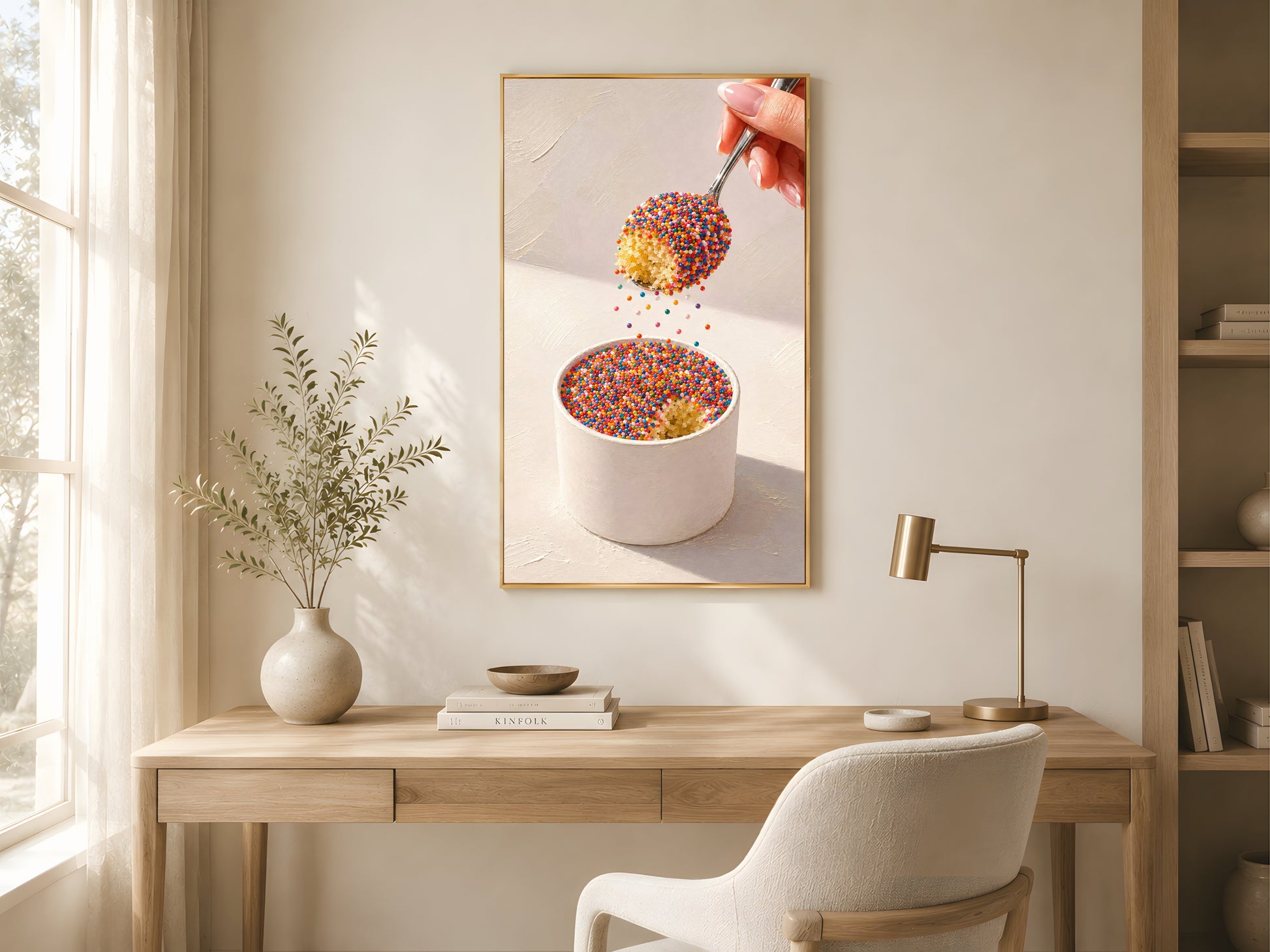 Viral dot cake close-up wall art print in a gold frame above a light oak desk in a bright minimal home office with white chair and warm natural light
