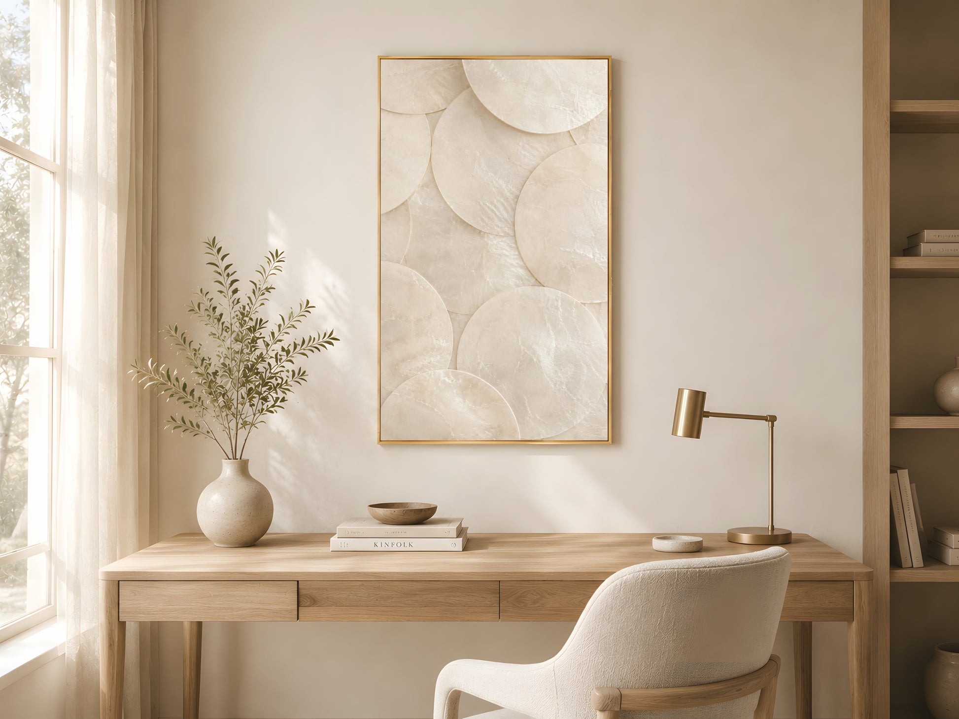 Minimalist capiz shell wall art in gold frame above wooden desk in warm minimalist home office with cream armchair and soft natural light
