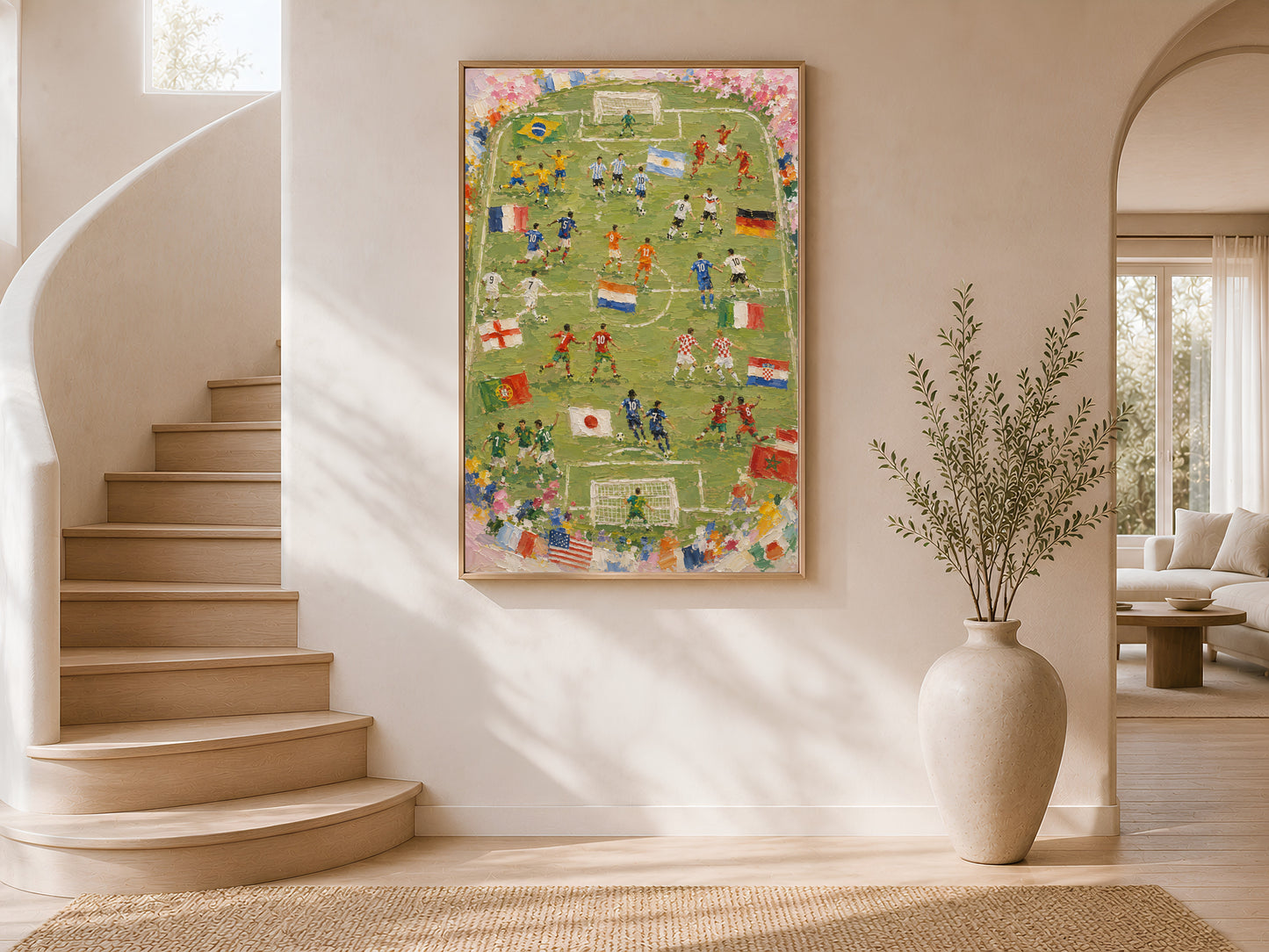 World Cup 2026 football pitch impasto print in a thin wood frame displayed in a bright airy stairwell interior with white curved walls, warm natural light, and large ceramic vases
