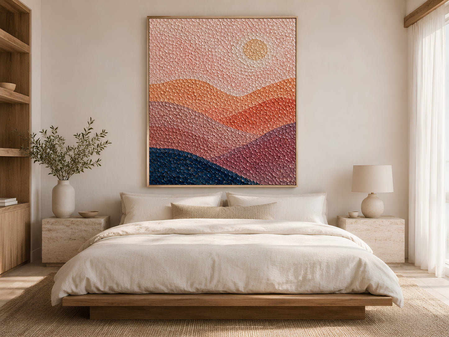 Abstract sunset ocean print framed above a bed with white linen bedding in a calm neutral bedroom with warm natural light
