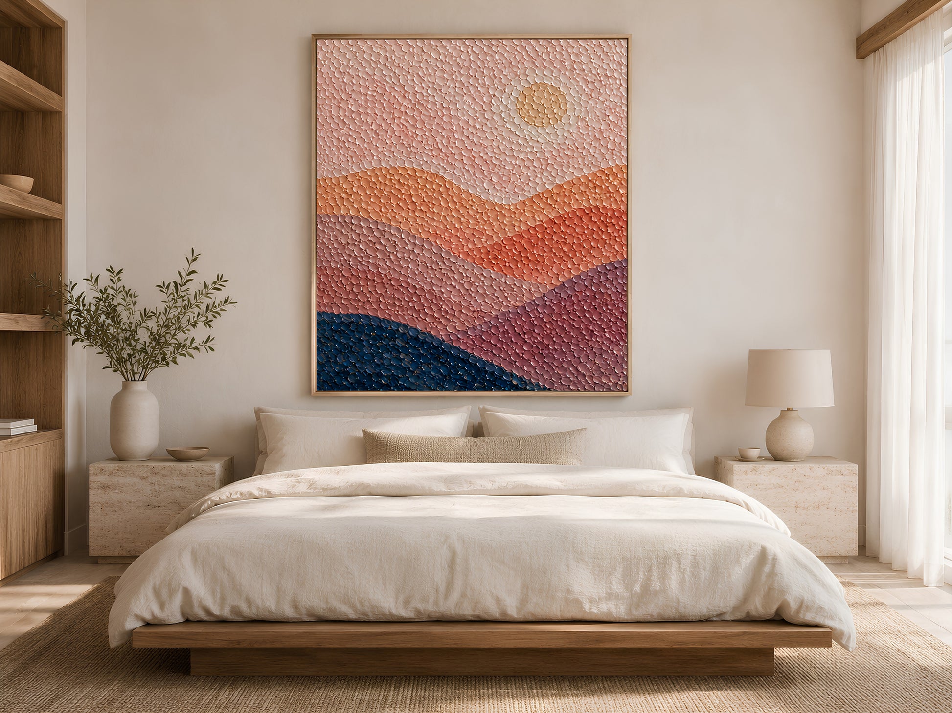 Abstract sunset ocean print framed above a bed with white linen bedding in a calm neutral bedroom with warm natural light
