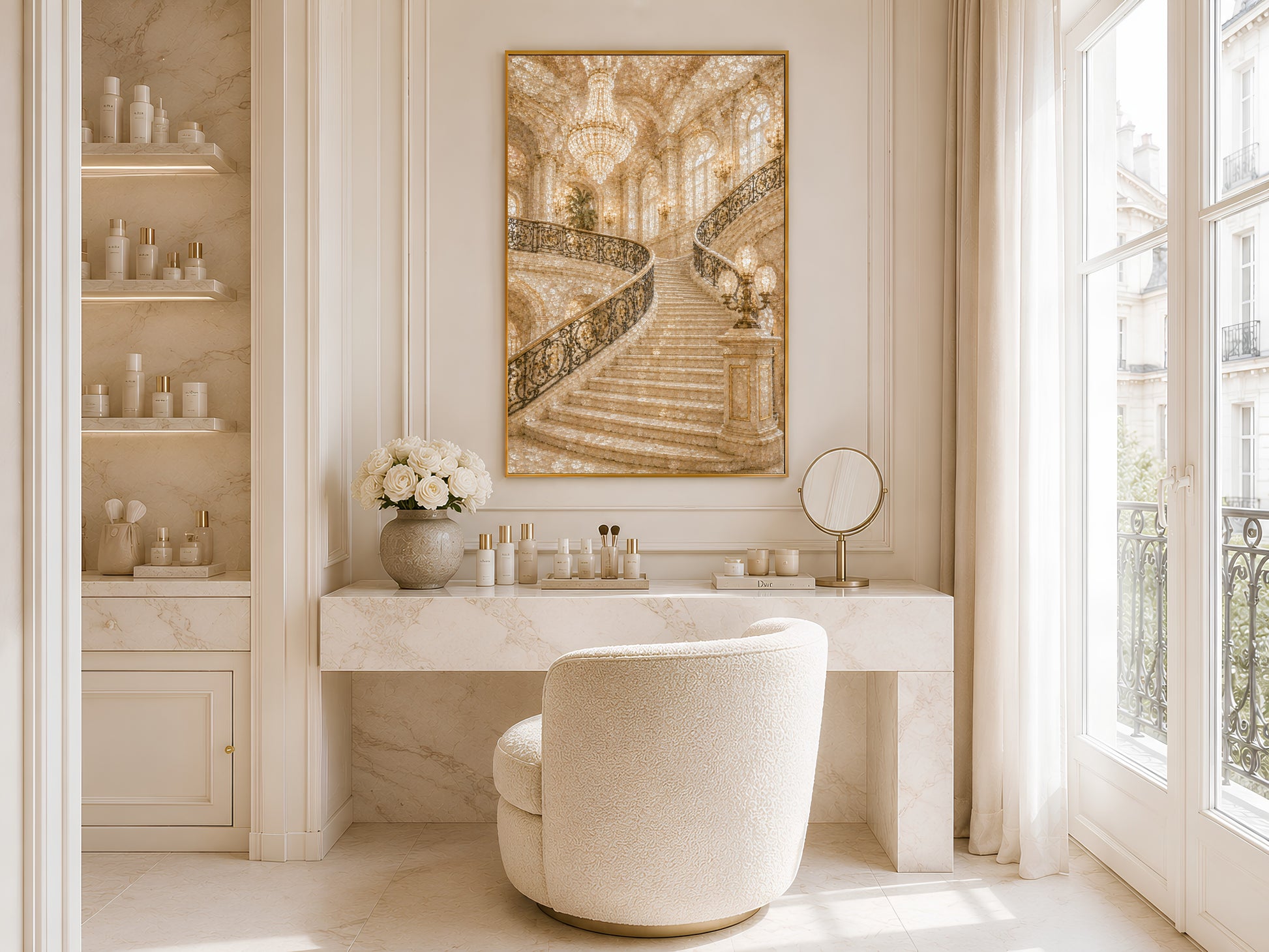 Grand staircase print framed in gold displayed above vanity in bright white bathroom

