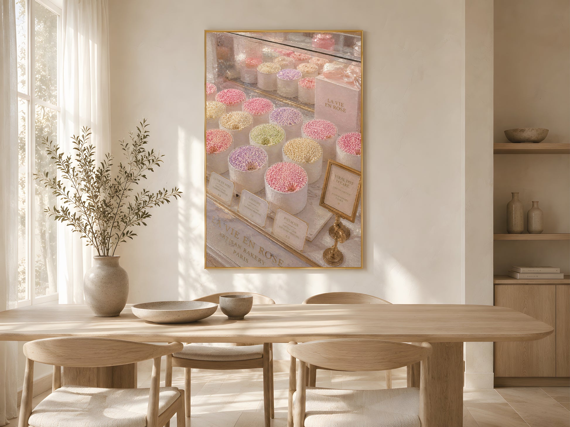 Paris bakery dot cake wall art print in a gold frame above a light oak dining table in a warm Scandinavian dining room with dried stems and soft natural light
