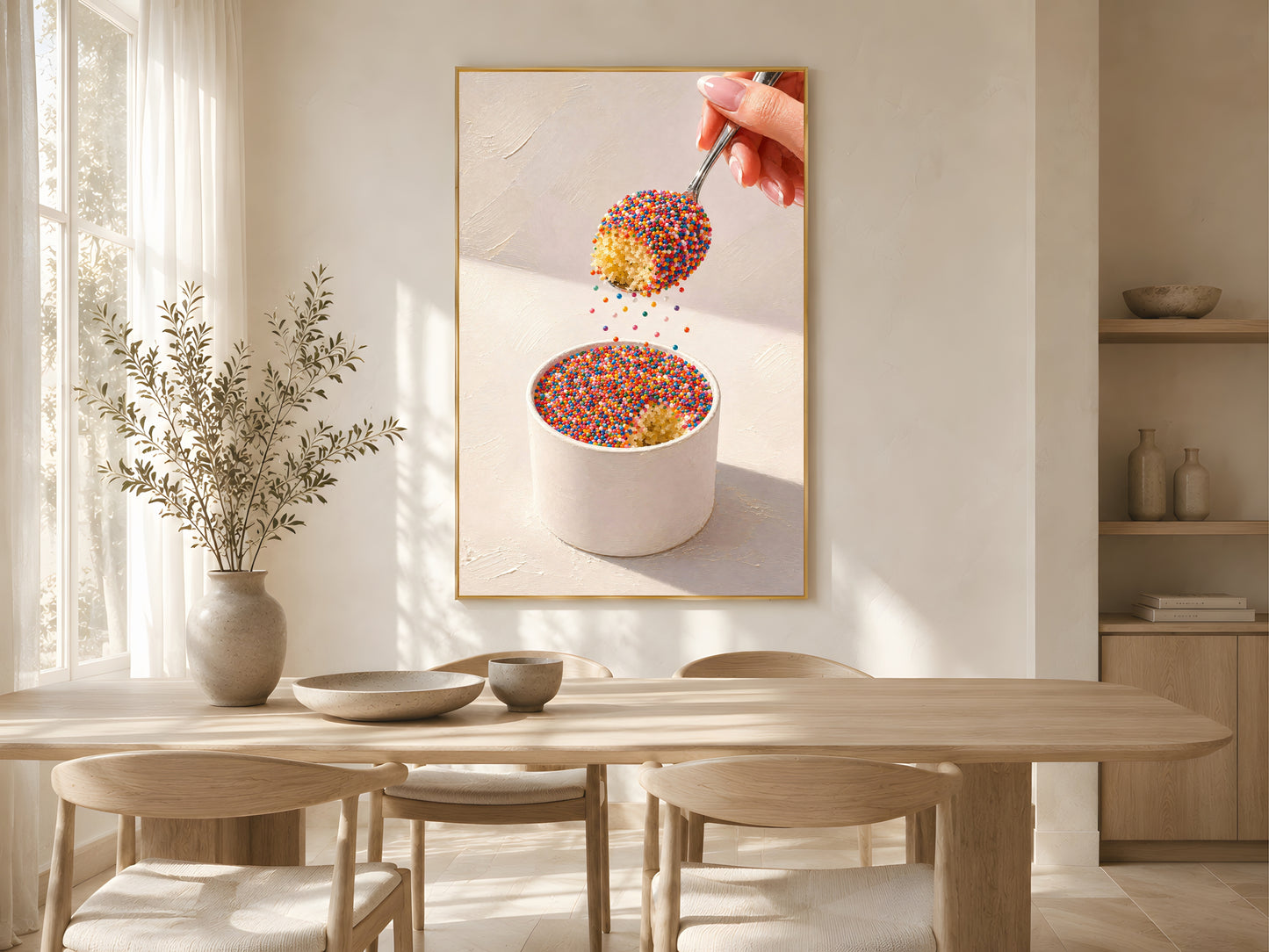 Viral dot cake close-up wall art print in a gold frame above a light oak dining table in a warm Scandinavian dining room with dried stems and soft natural light
