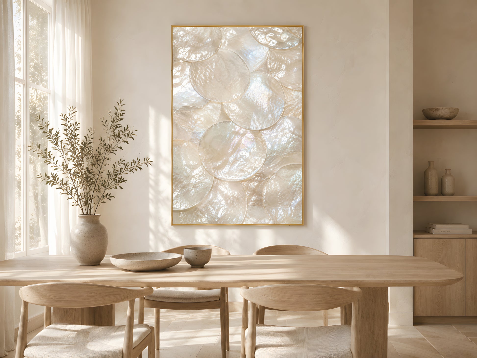 Mother of pearl shell print in gold frame above wooden dining table in warm minimalist living room with dried botanicals and soft natural light

