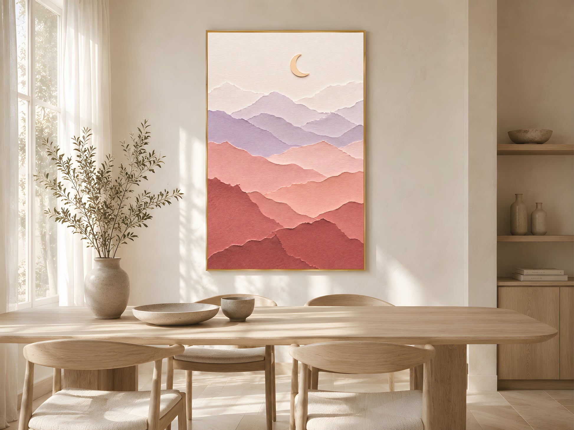 Pastel layered paper art mountain print with gold moon in a gold frame above a light oak dining table in a warm Scandinavian dining room with dried stems
