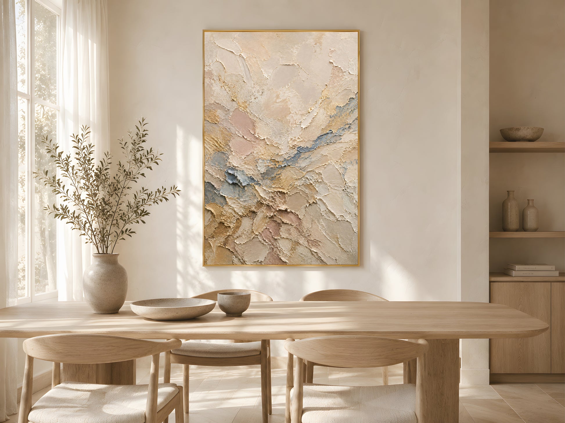 Neutral abstract impasto print in a gold frame above a light oak dining table in a warm minimal Scandinavian dining room with dried stems and natural light
