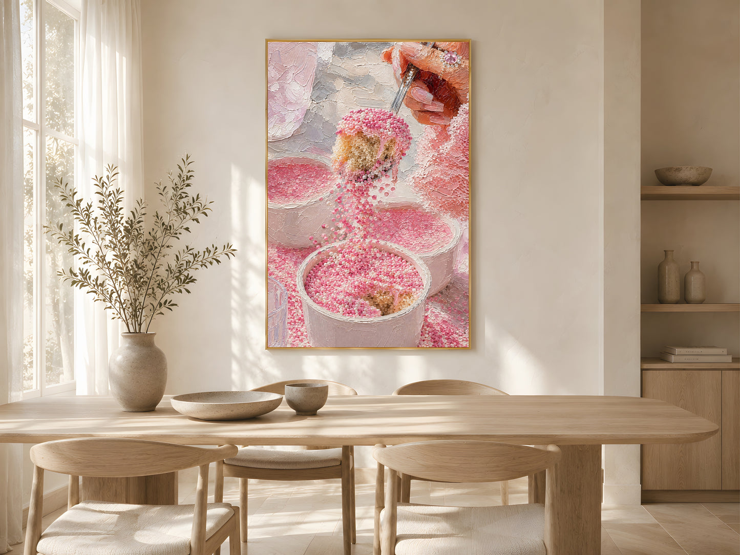Pink dot cake impasto oil painting print in a gold frame above a light oak dining table in a warm minimal Scandinavian dining room with dried botanicals and soft natural light
