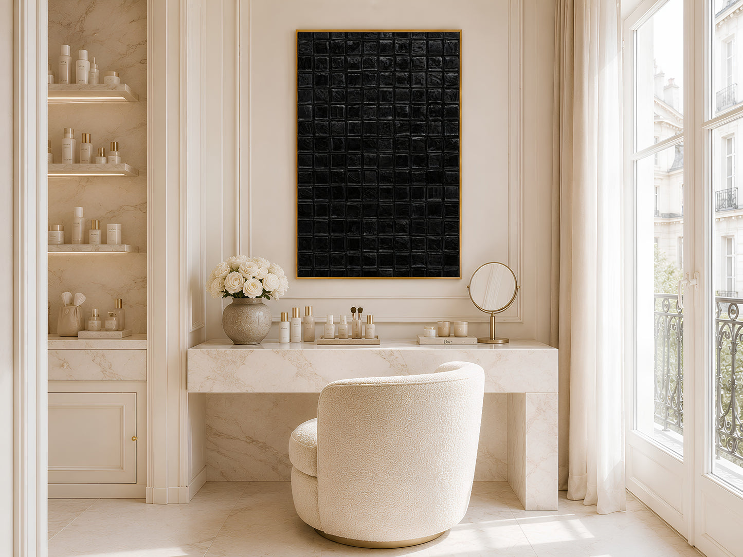 Black mosaic tile art print in a gold frame above a vanity with cream oval bathtub, white flowers, and large windows in a luxe bathroom
