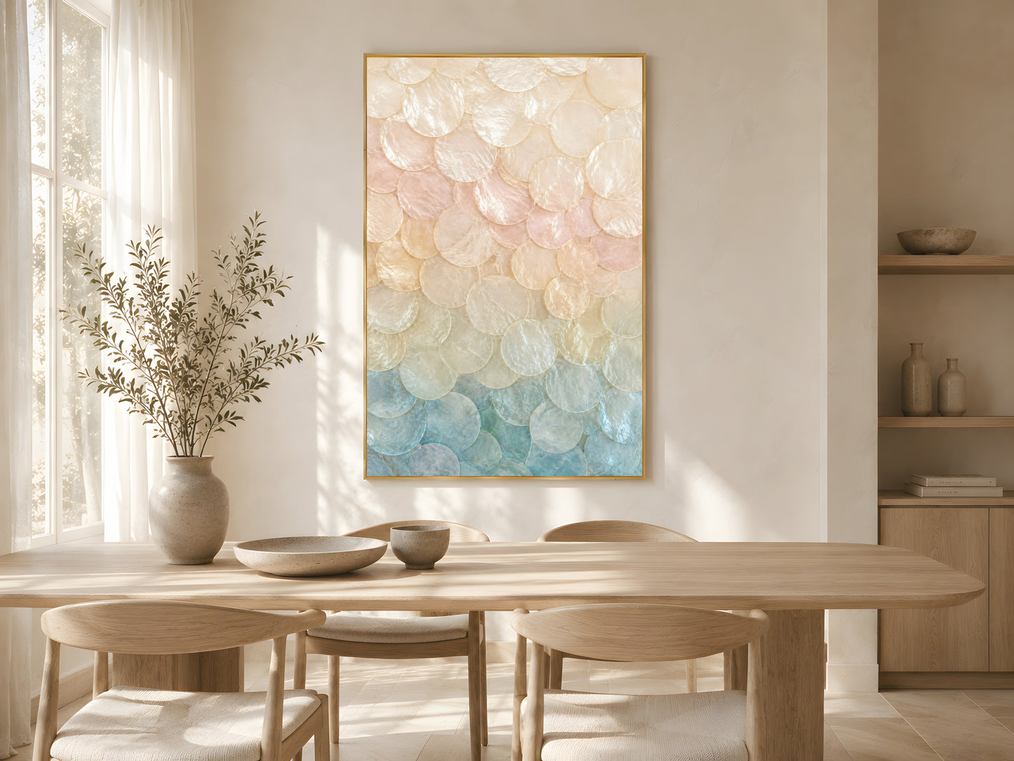 Pastel capiz shell ombré print in gold frame above wooden dining table in warm minimalist living room with natural light and neutral decor
