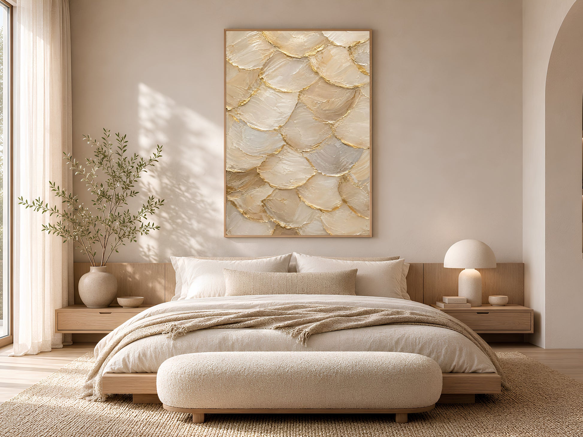 Ivory gold capiz shell print framed in gold above a neutral bed in soft bedroom
