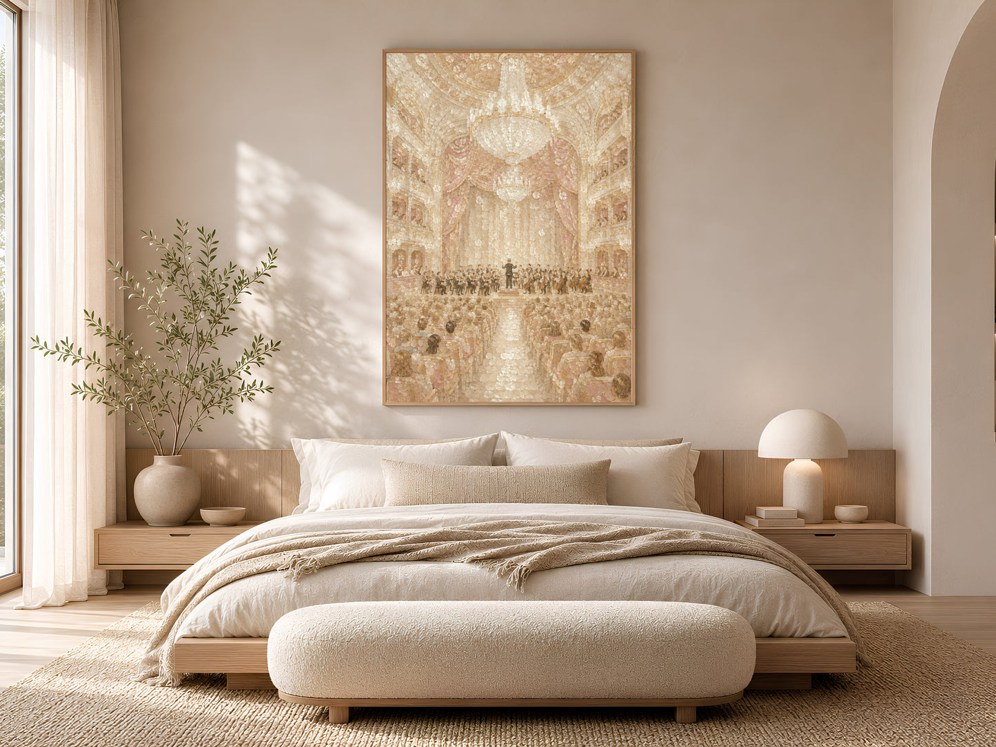 Pearl ivory concert hall print framed in gold above a neutral bed in soft bedroom
