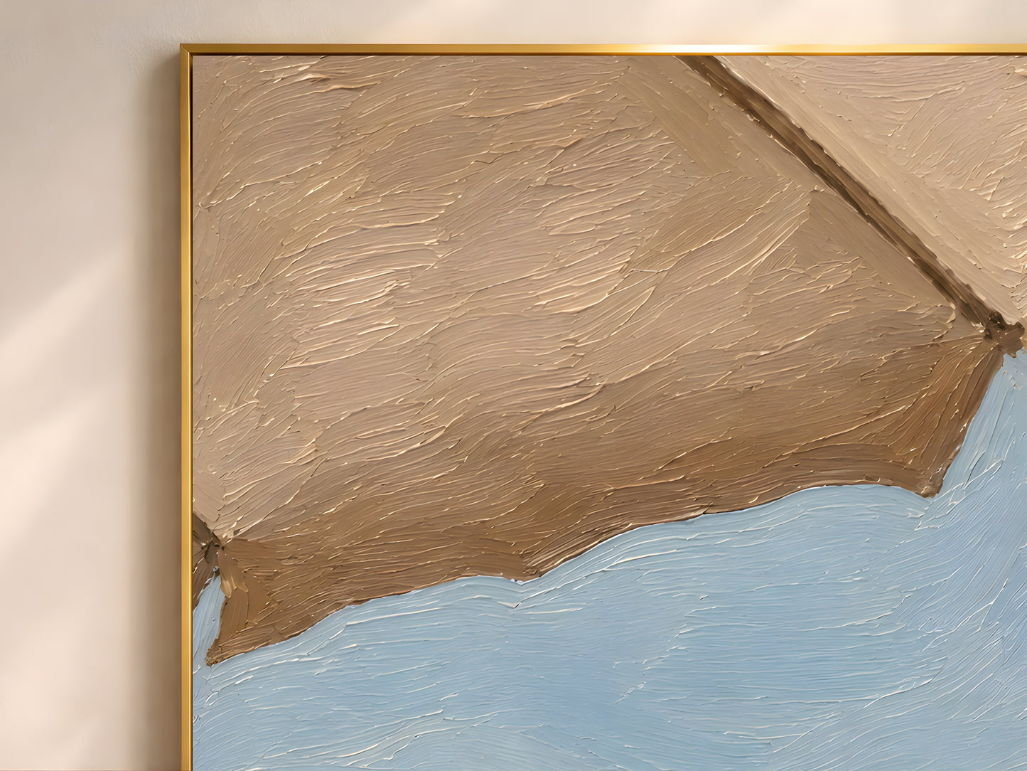 Close-up detail of beach umbrella impasto print showing thick textured brushwork in warm taupe, cream, and powder blue tones
