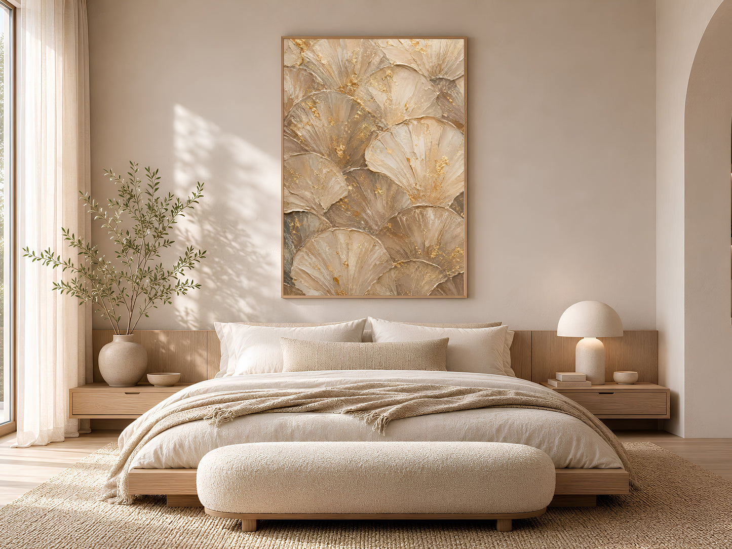 Ginkgo leaf print framed in gold above a neutral bed in soft bedroom
