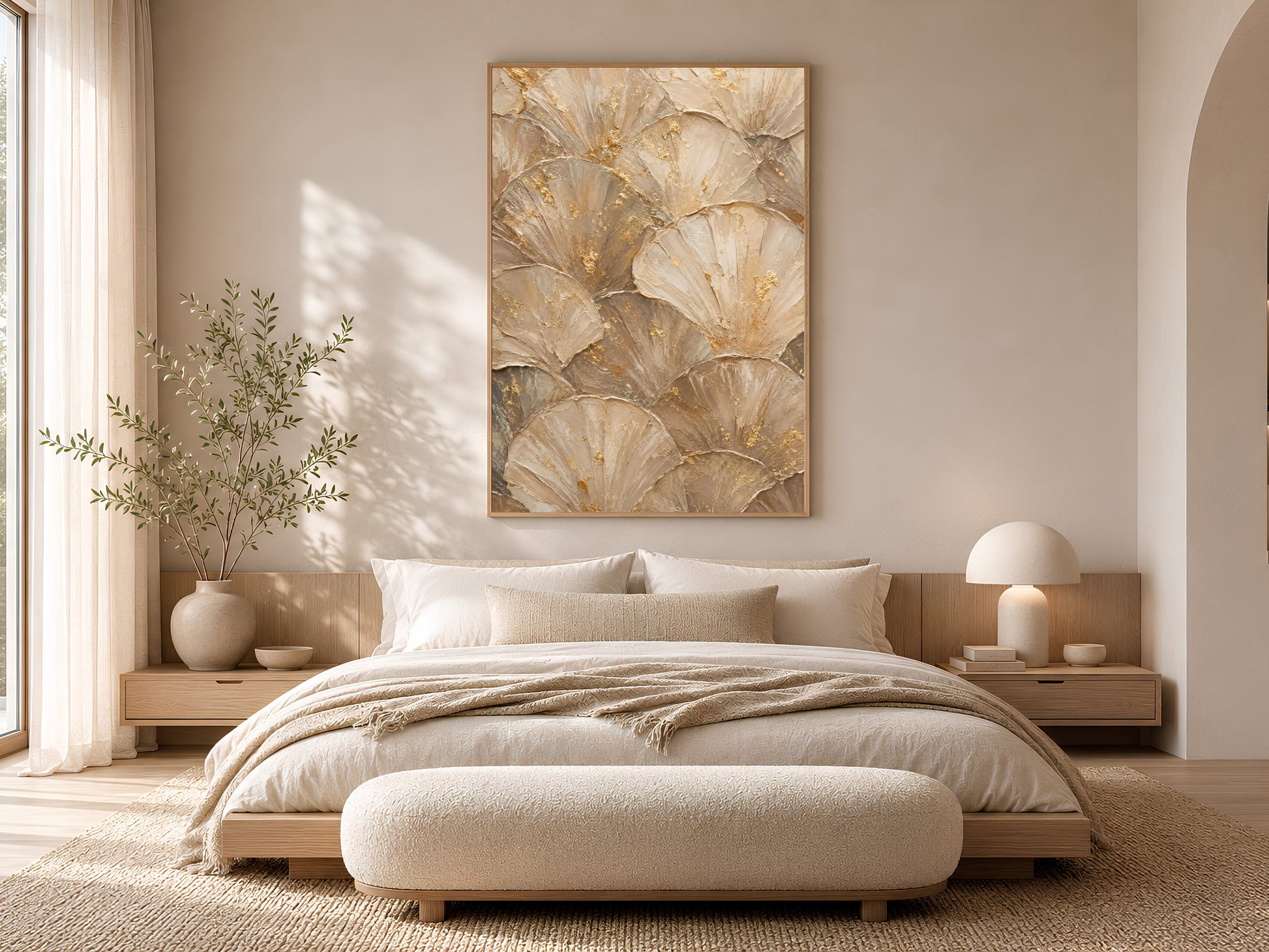 Ginkgo leaf print framed in gold above a neutral bed in soft bedroom
