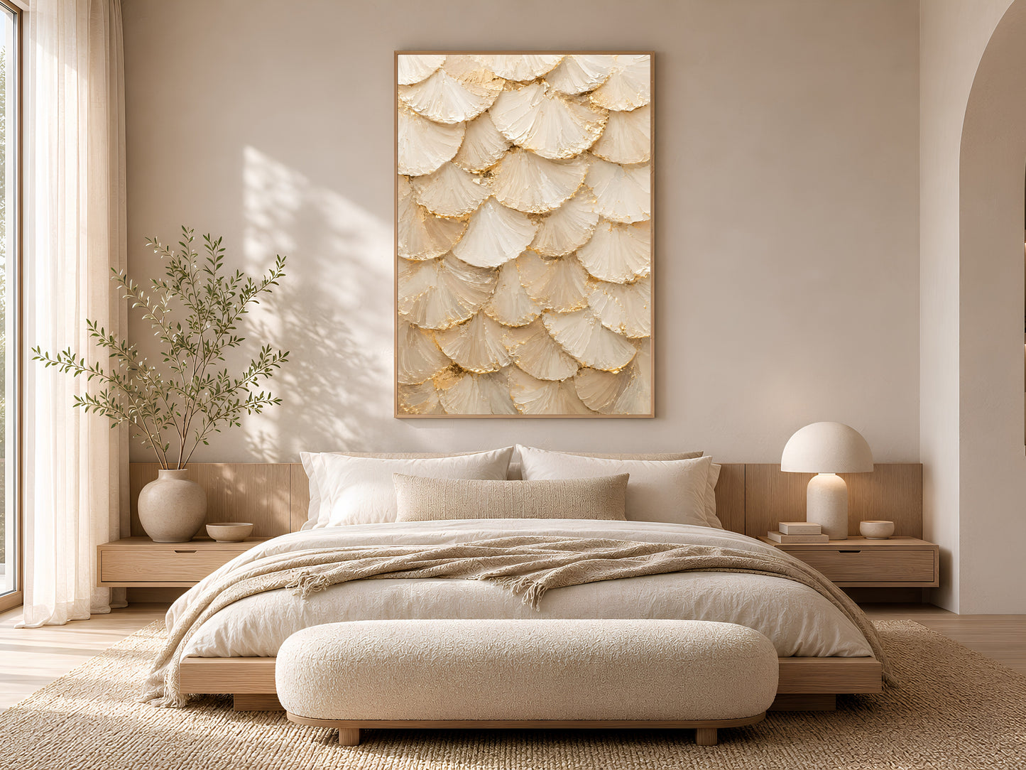 Ginkgo leaf print framed in gold above a neutral bed in soft bedroom
