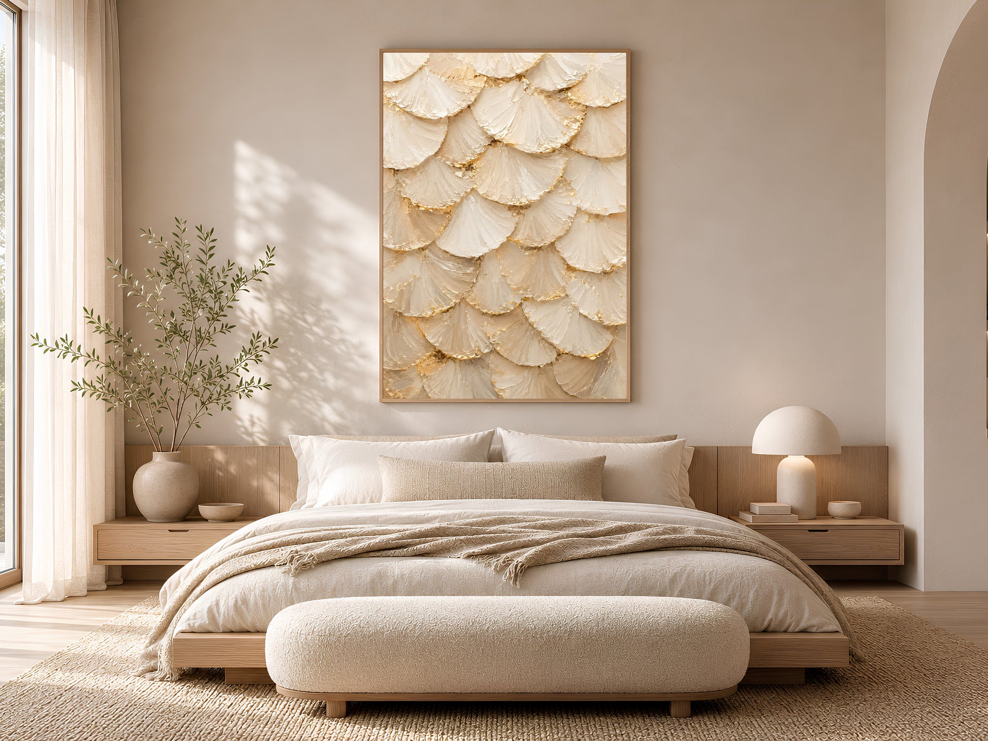 Ginkgo leaf print framed in gold above a neutral bed in soft bedroom
