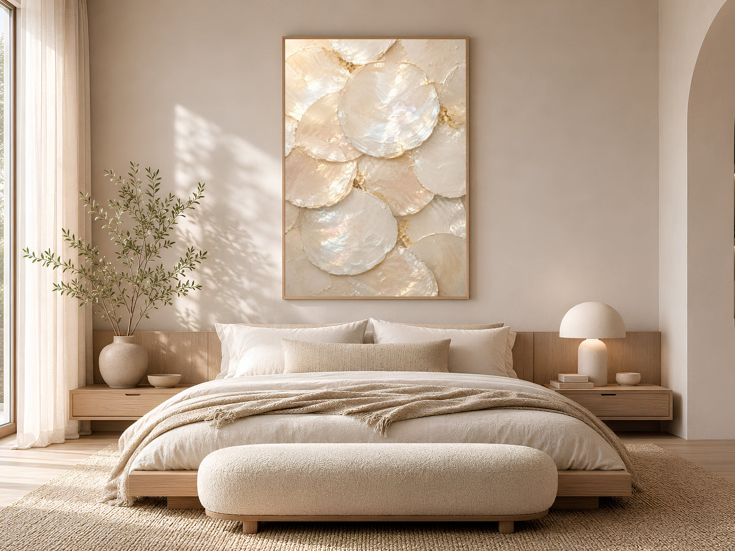 Mother of pearl capiz shell print framed in gold above a neutral bed in soft coastal bedroom
