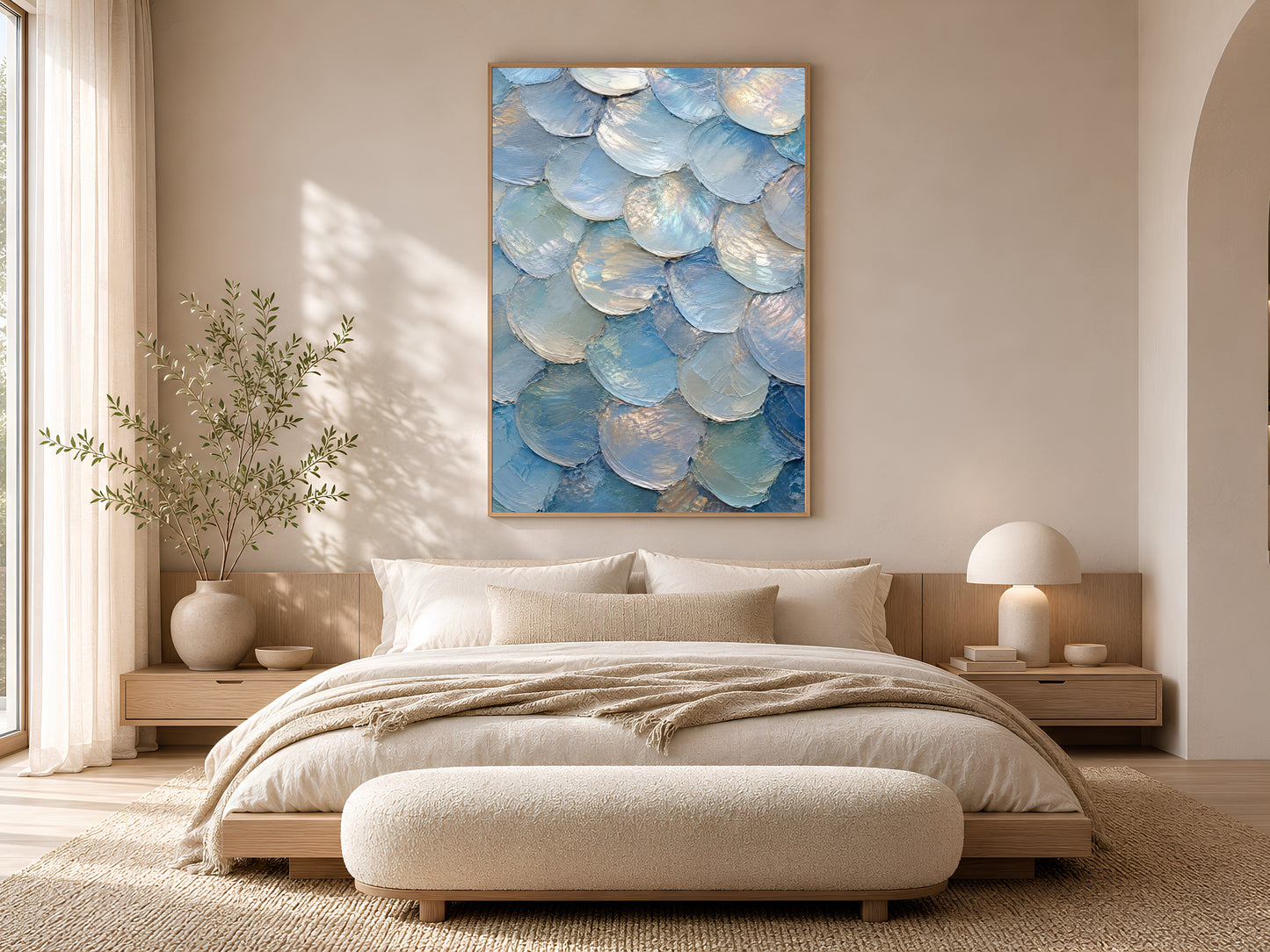 Iridescent capiz shell digital print framed in gold above a neutral bed in coastal bedroom
