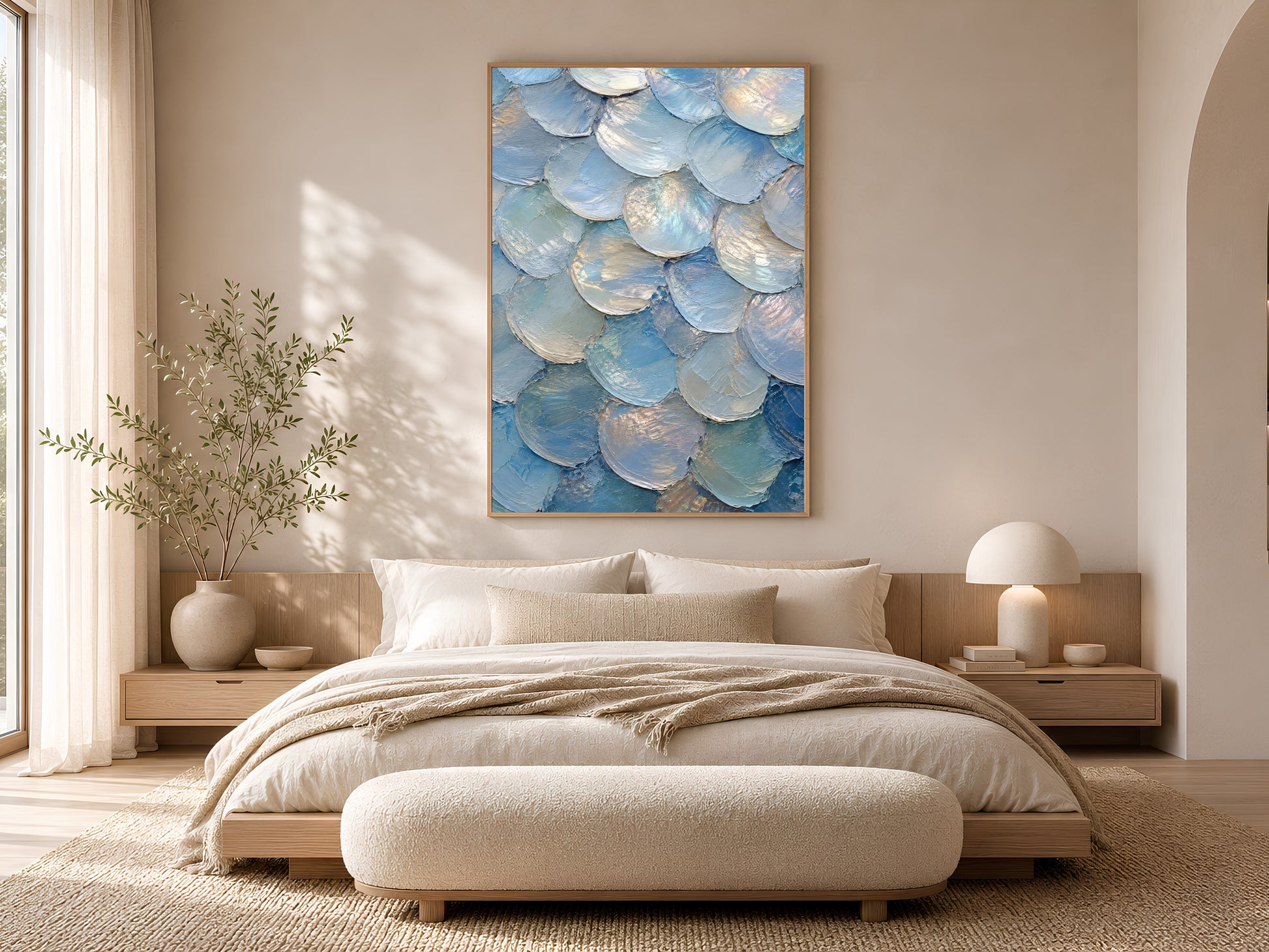 Iridescent capiz shell digital print framed in gold above a neutral bed in coastal bedroom
