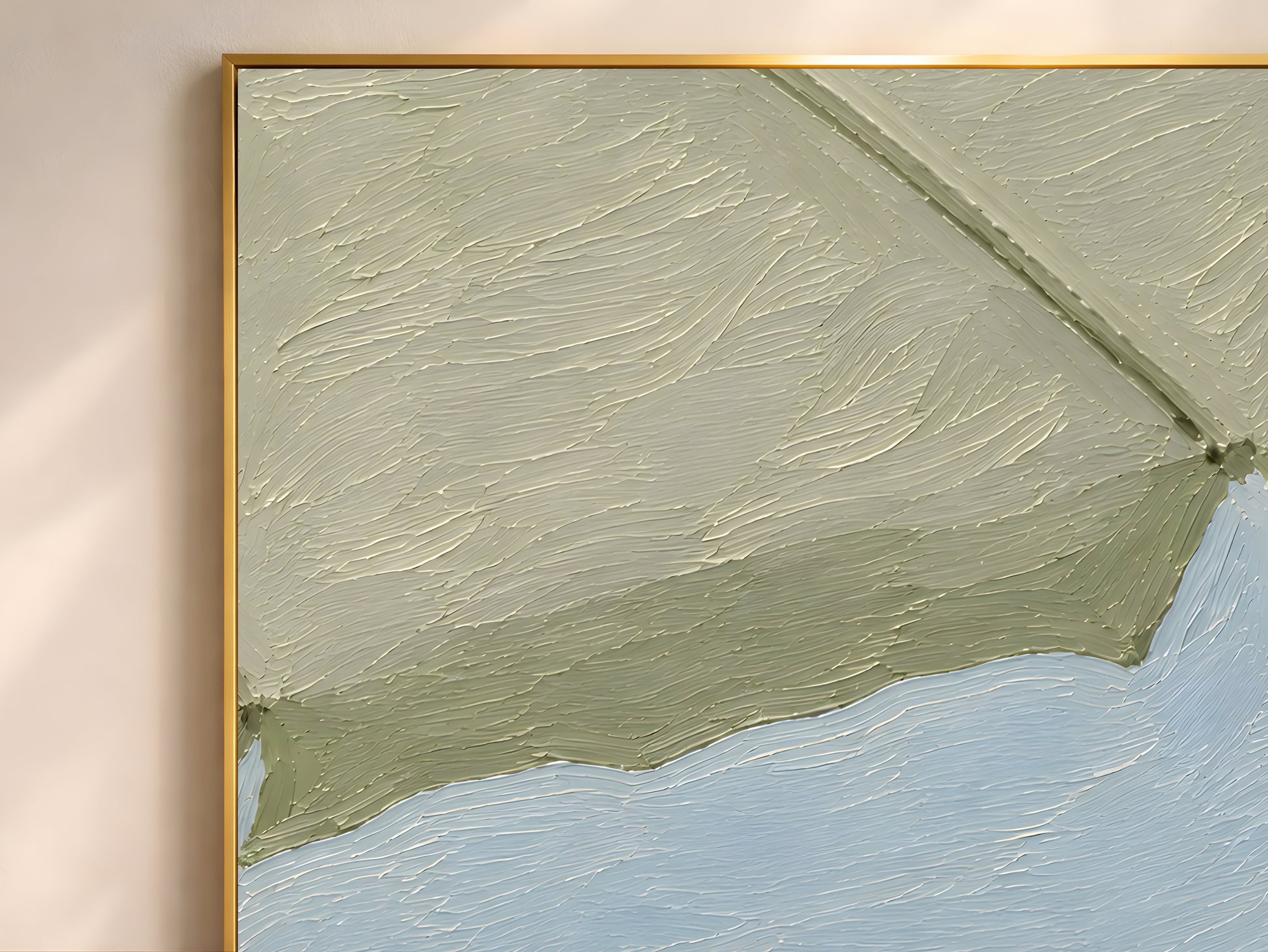 Close-up detail of sage green beach umbrella impasto print in a gold frame showing thick layered brushwork in dusty sage, warm cream, and powder blue tones
