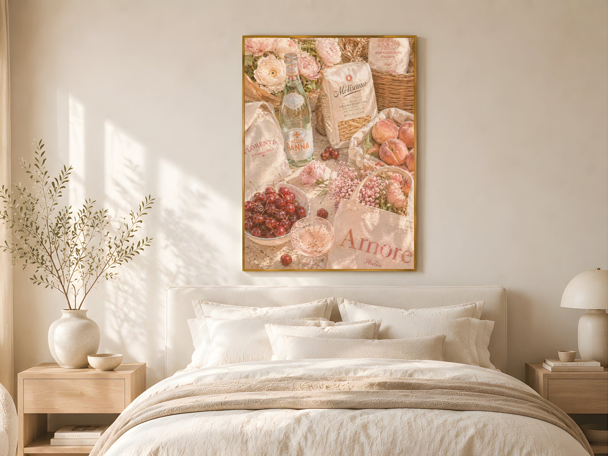 Therapy Collection bedroom mockup with Italian summer printable art, soft pink luxury wall decor, cozy feminine neutral bedroom inspiration