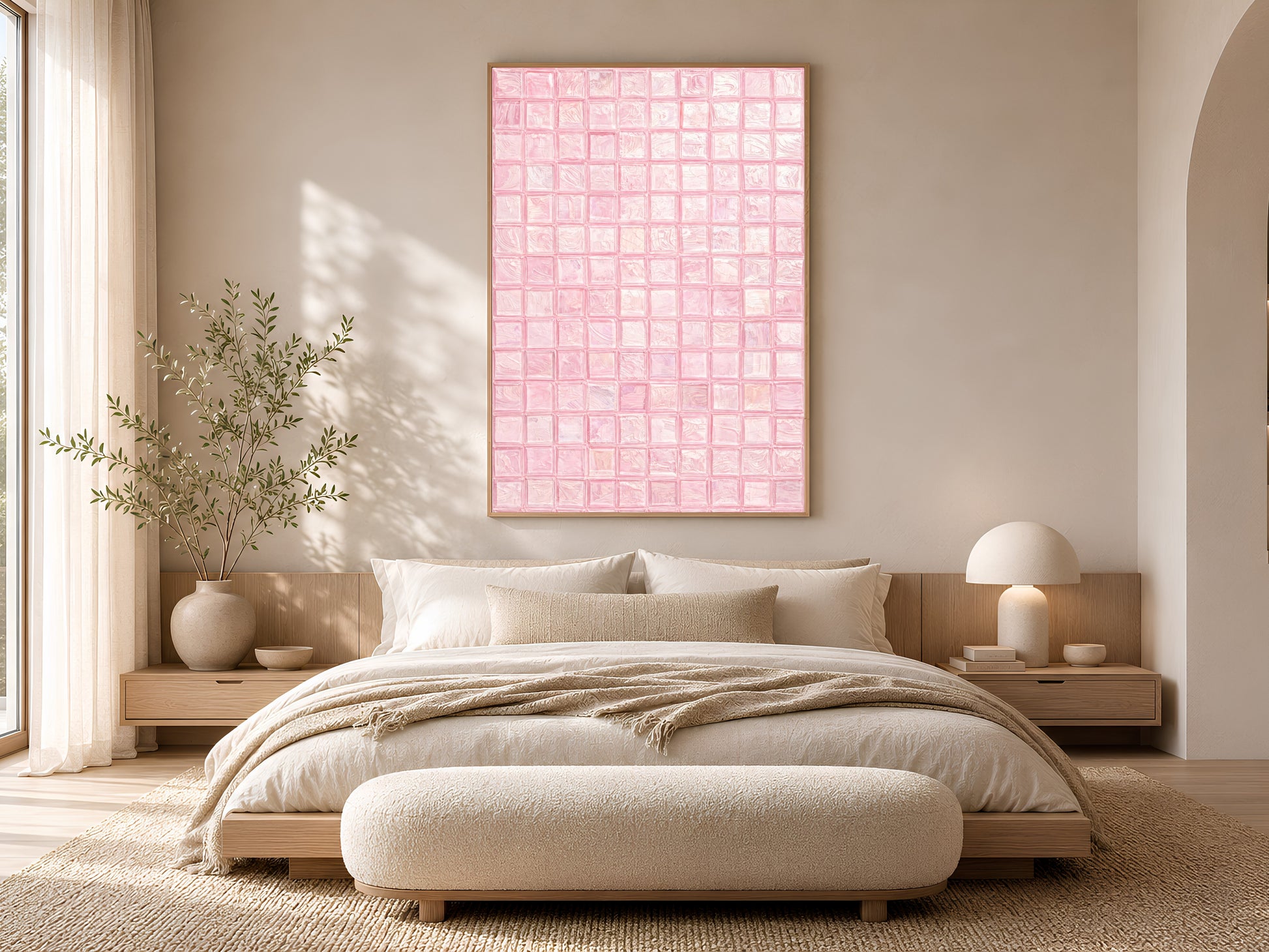 Blush pink mosaic tile art print in a gold frame above a platform bed with cream linen bedding and round ottoman in a warm minimal bedroom
