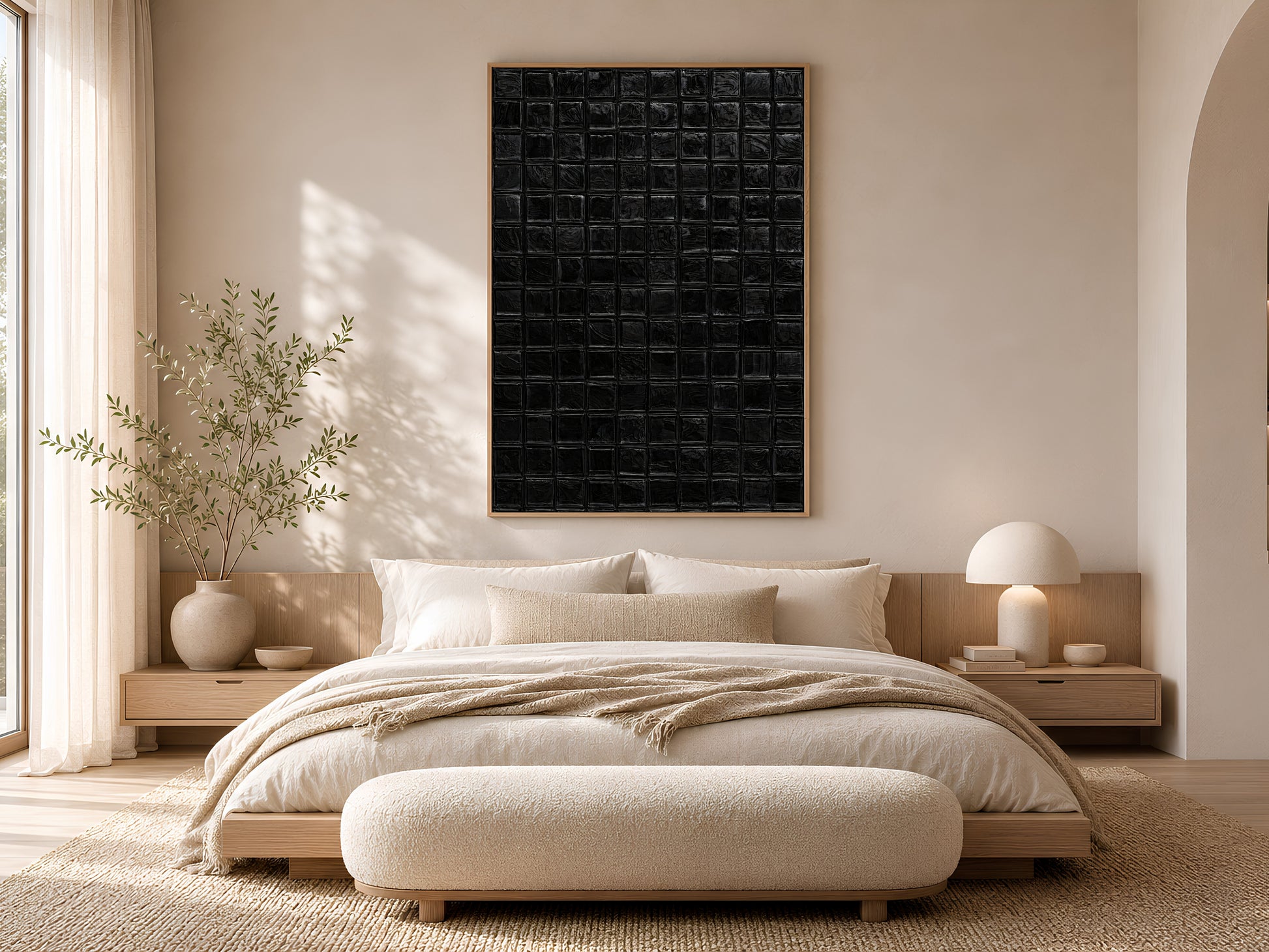 Black mosaic tile wall art in a gold frame above a platform bed with cream linen bedding and a round side table in a warm minimal bedroom

