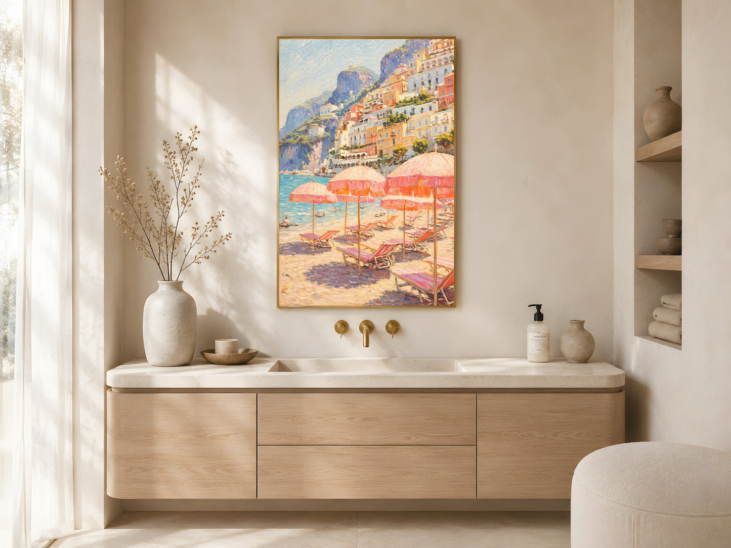 Positano beach club impasto print in gold frame above wooden sideboard in warm minimalist Japandi living room with dried botanicals
